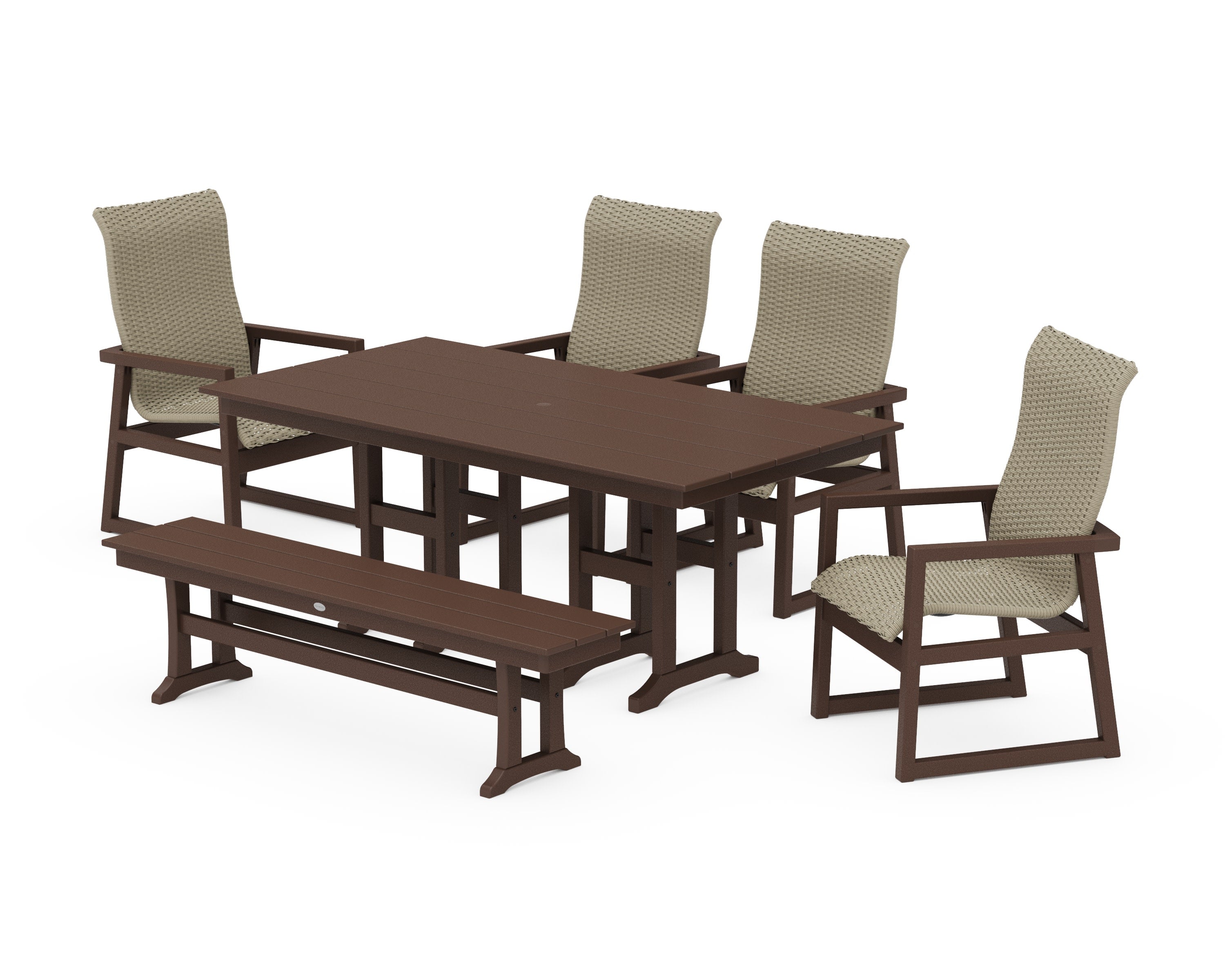EDGE Woven Highback 6-Piece Farmhouse Dining Set with Bench in Mahogany / Dune Grass