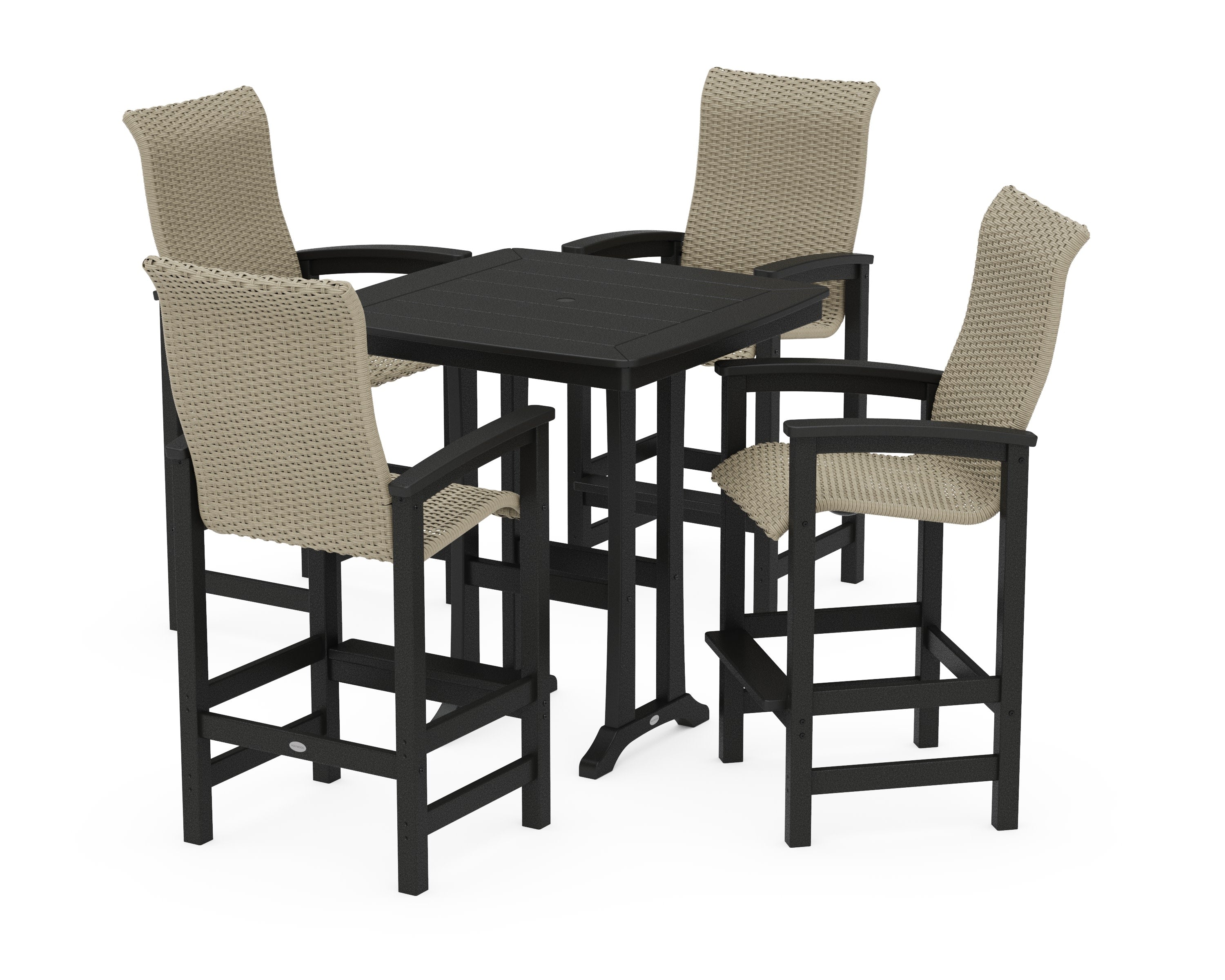 Coastal Woven High-Back 5-Piece Bar Set with Trestle Legs in Black / Dune Grass