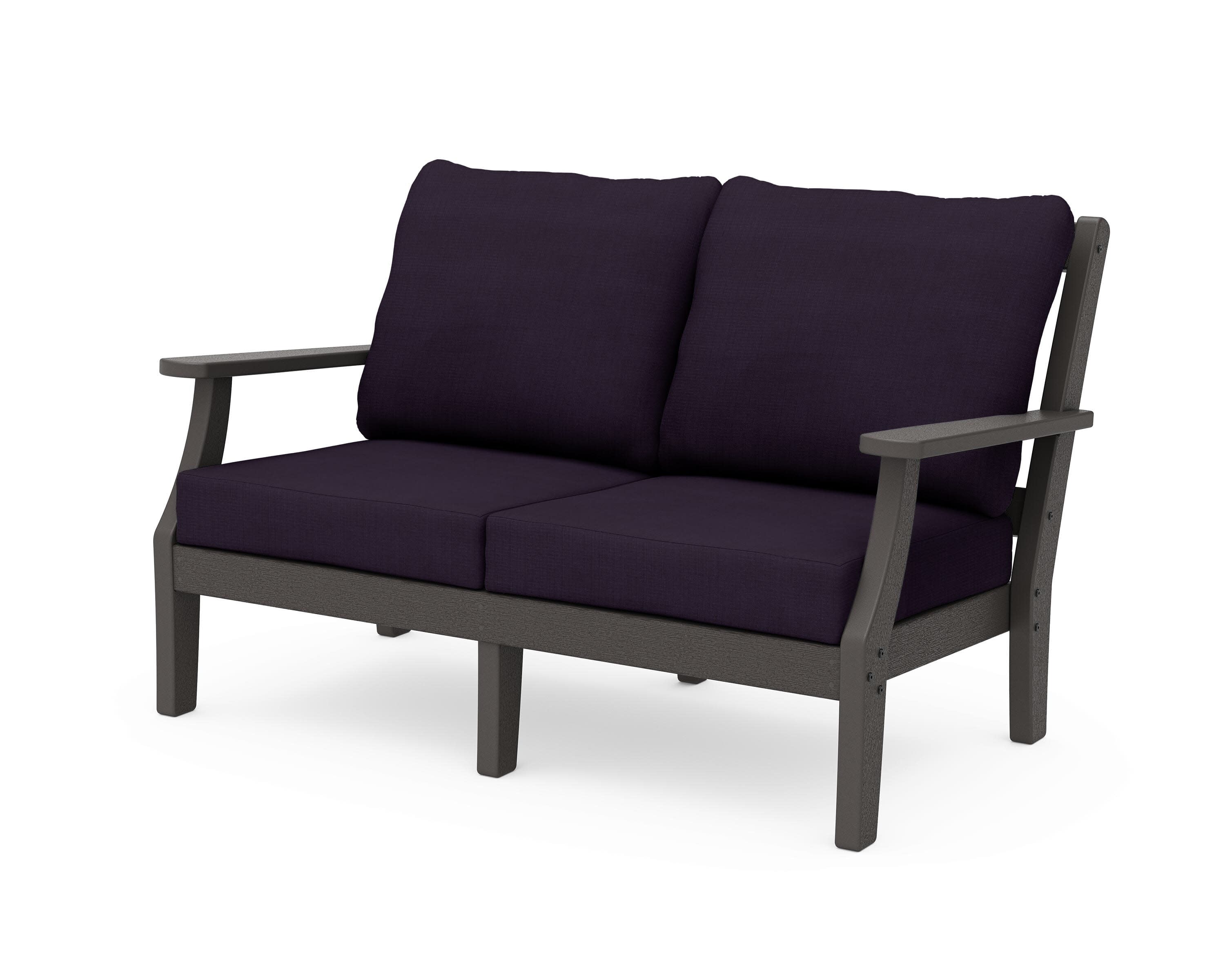 Chinoiserie Deep Seating Loveseat in Vintage Coffee / Navy Linen
