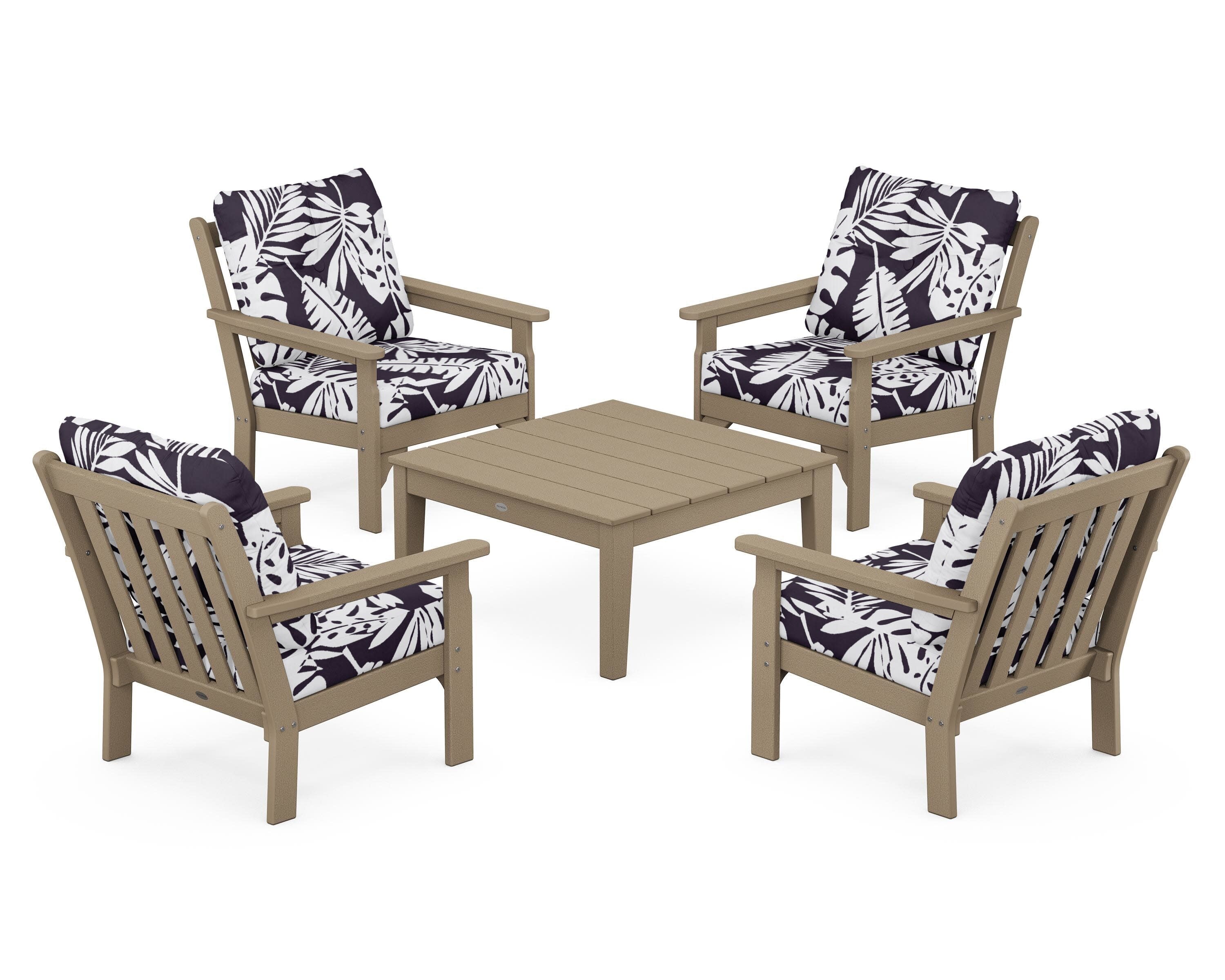 Vineyard 5-Piece Deep Seating Conversation Set in Vintage Sahara / Leaf Navy