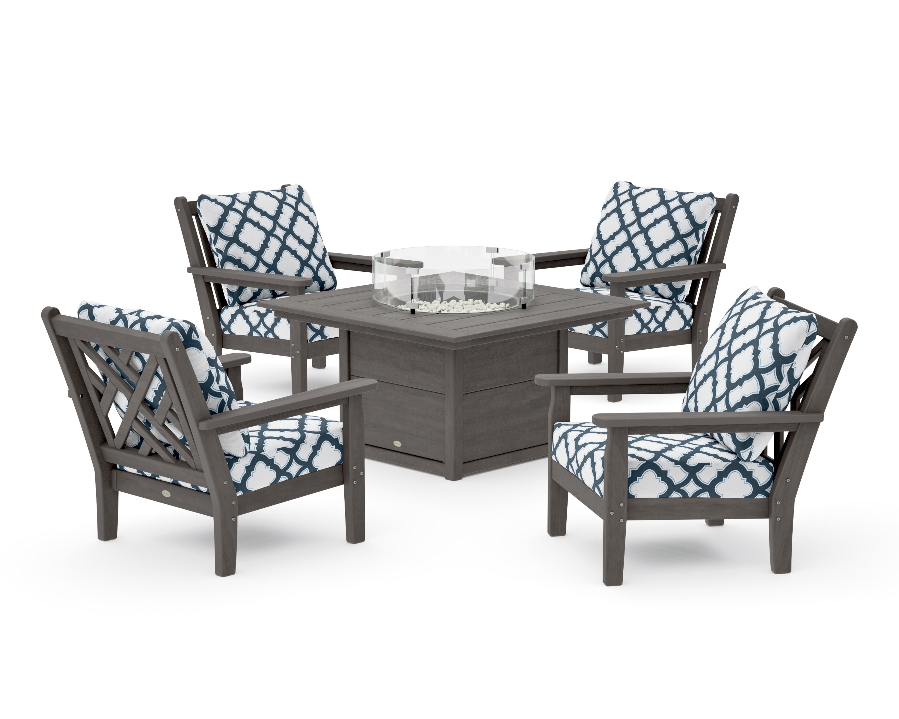 Chippendale 5-Piece Deep Seating Set with Fire Pit Table in Driftwood / Trellis Marine Indigo