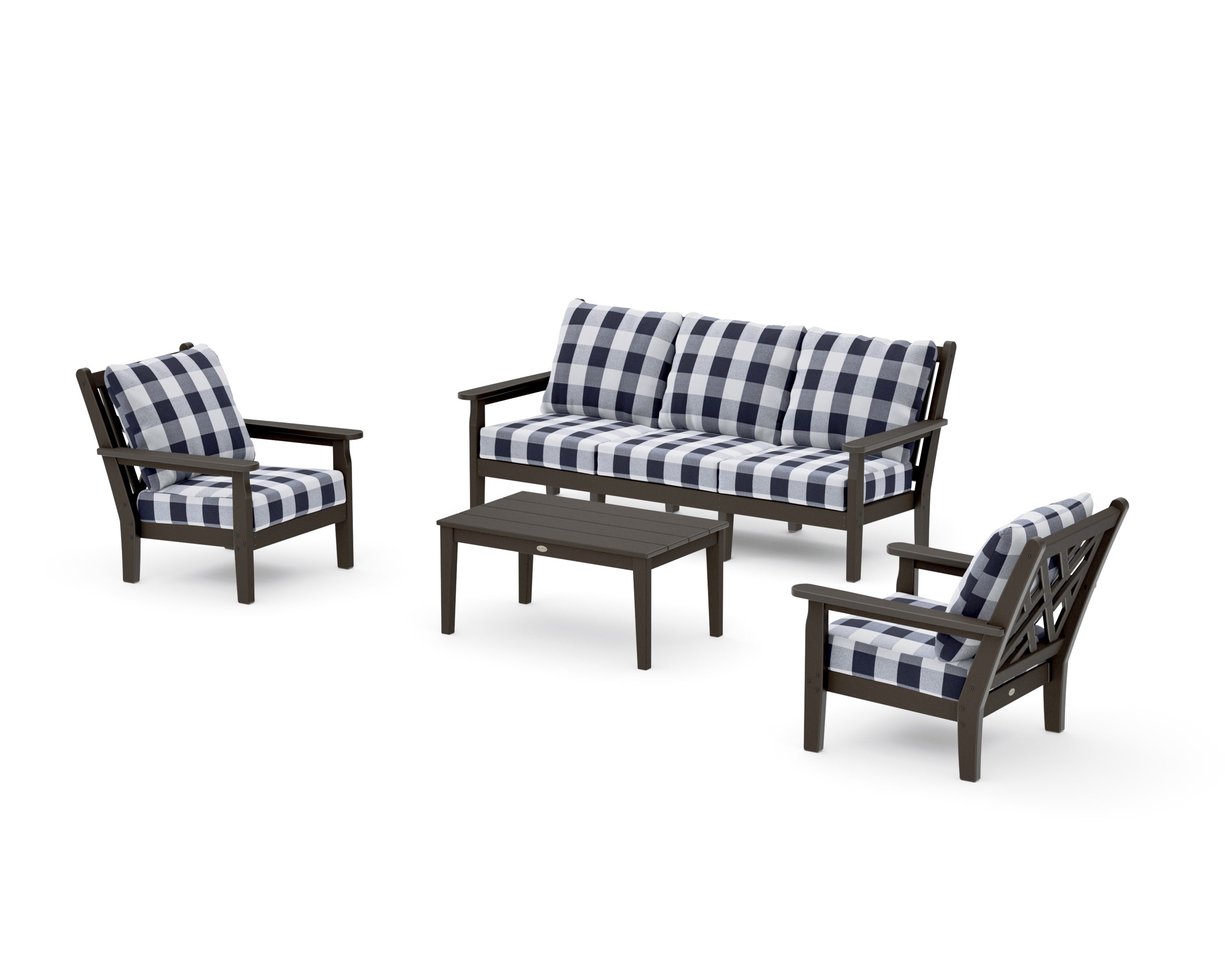 Chippendale 4-Piece Deep Seating Set with Sofa in Vintage Coffee / Buffalo Plaid Navy
