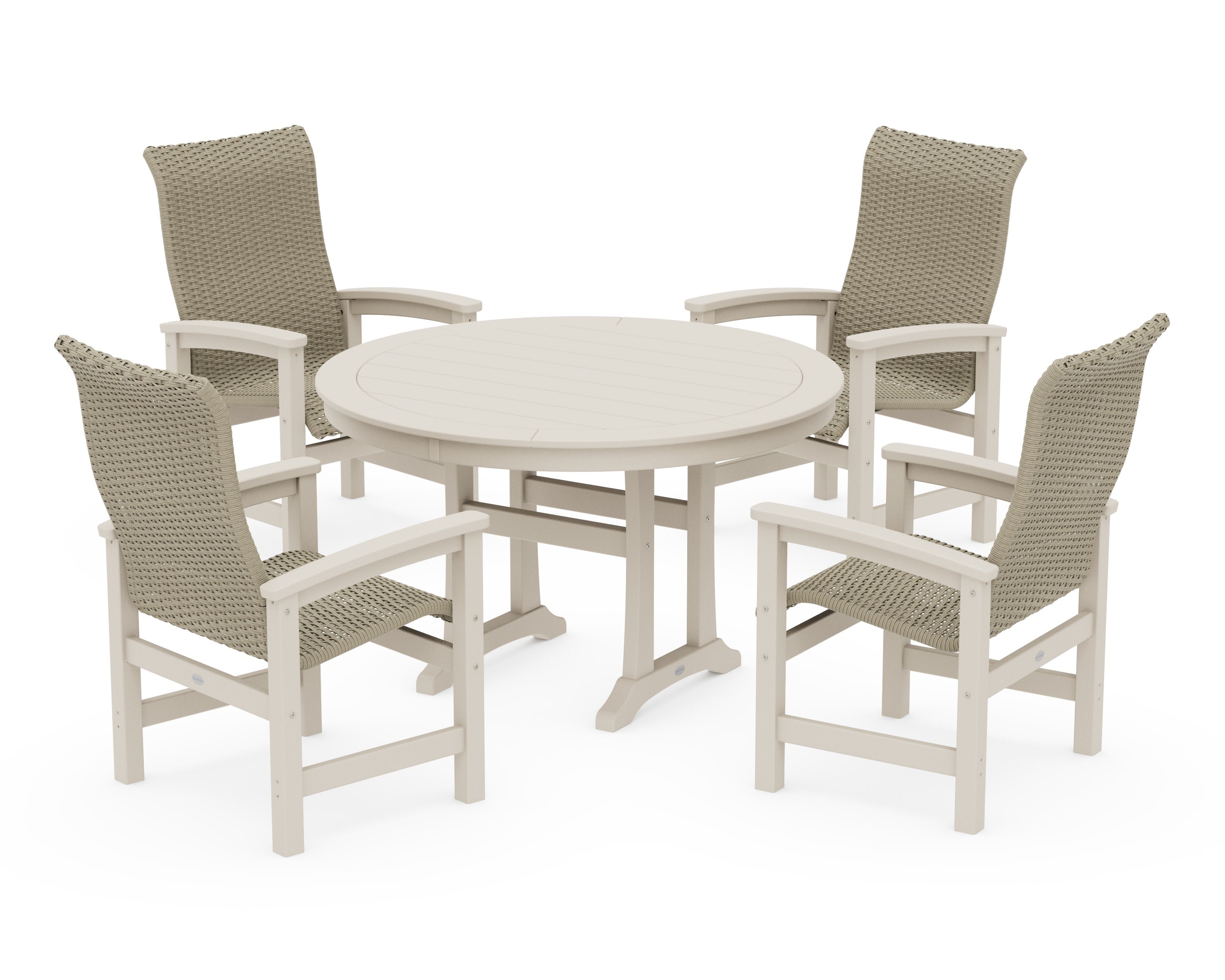 Coastal Woven High-Back 5-Piece Round Dining Set with Trestle Legs in Sand / Dune Grass