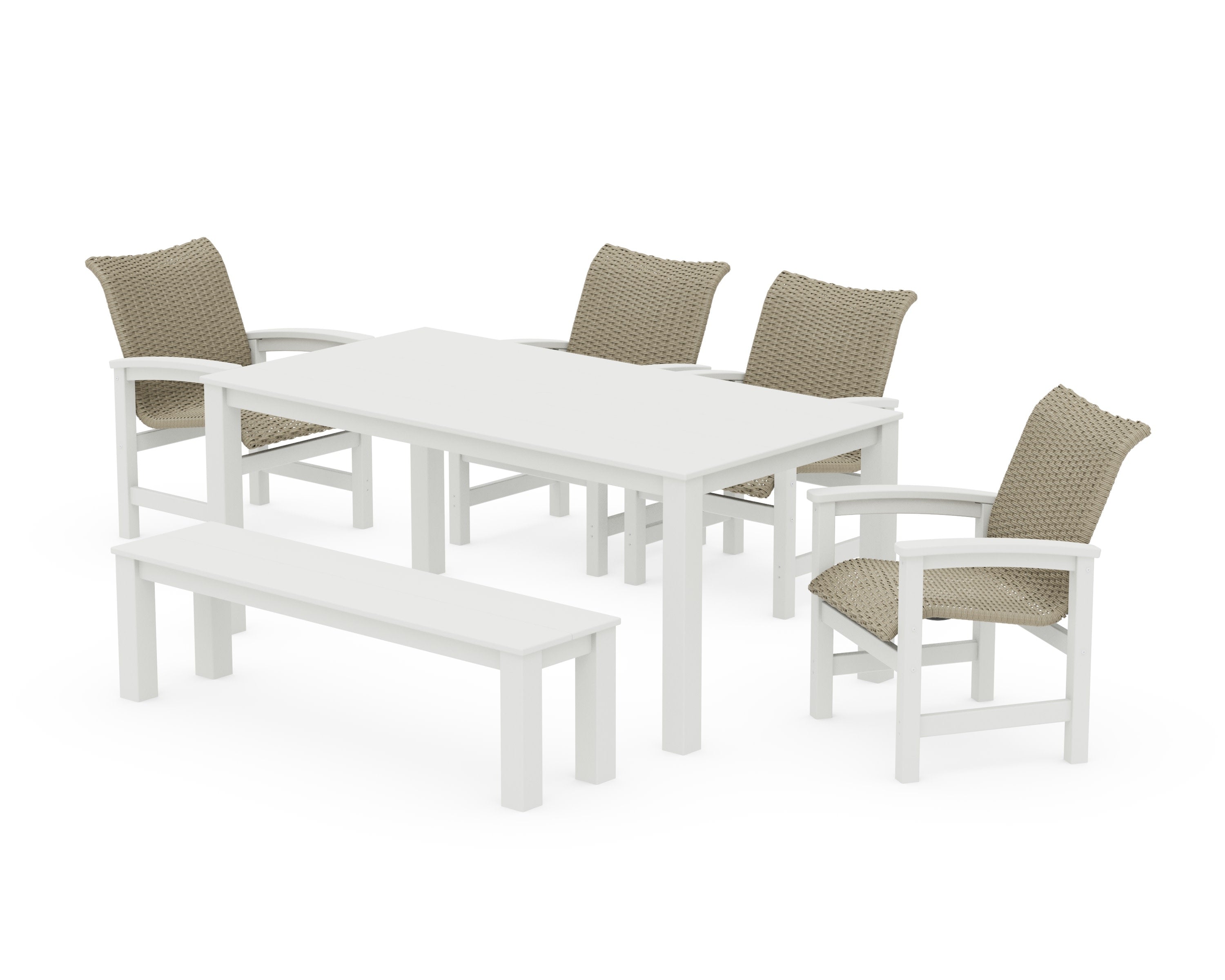 Coastal Woven 6-Piece Parsons Dining Set with Bench in Vintage White / Dune Grass