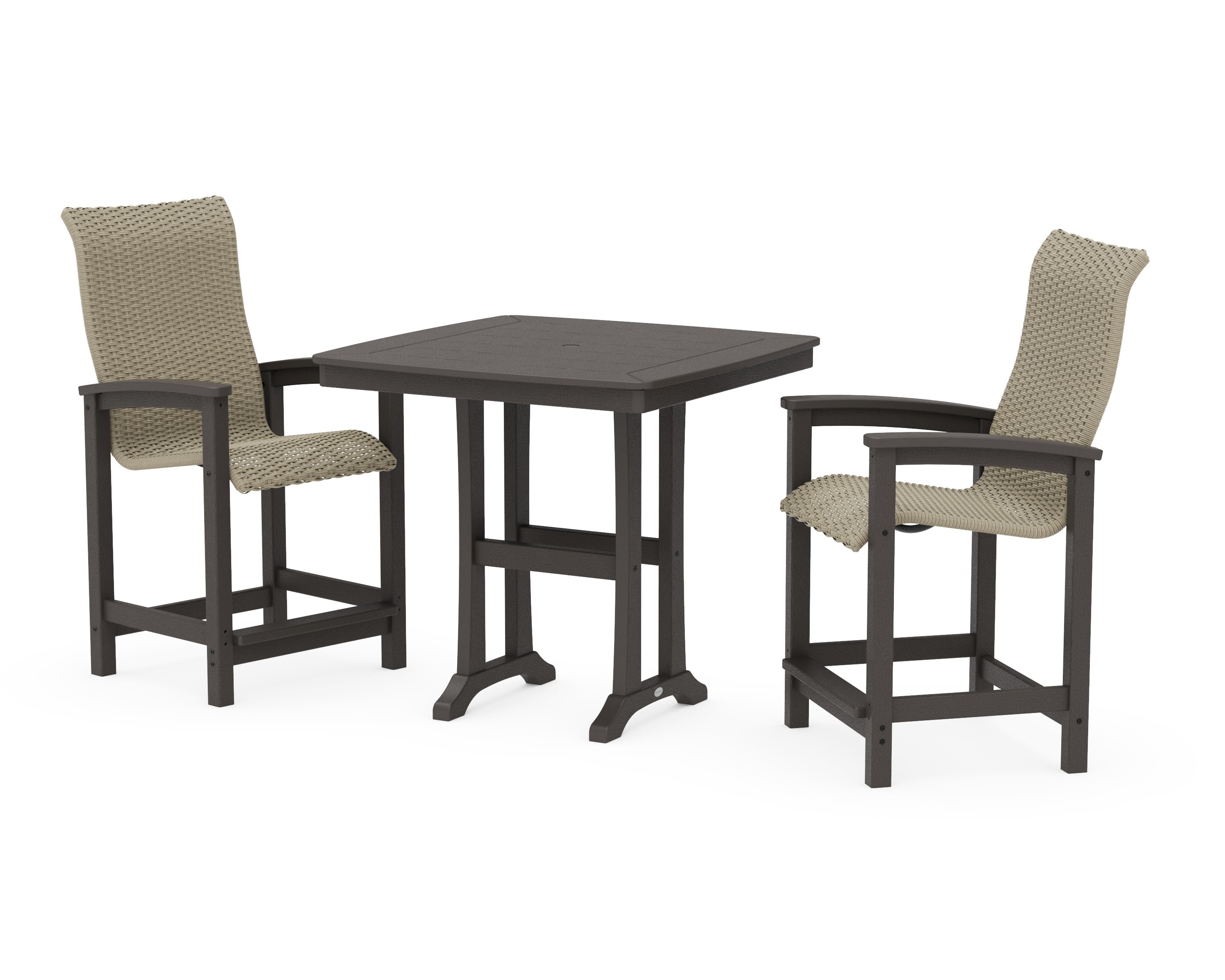 Coastal Woven High-Back 3-Piece Counter Set with Trestle Legs in Vintage Coffee / Dune Grass