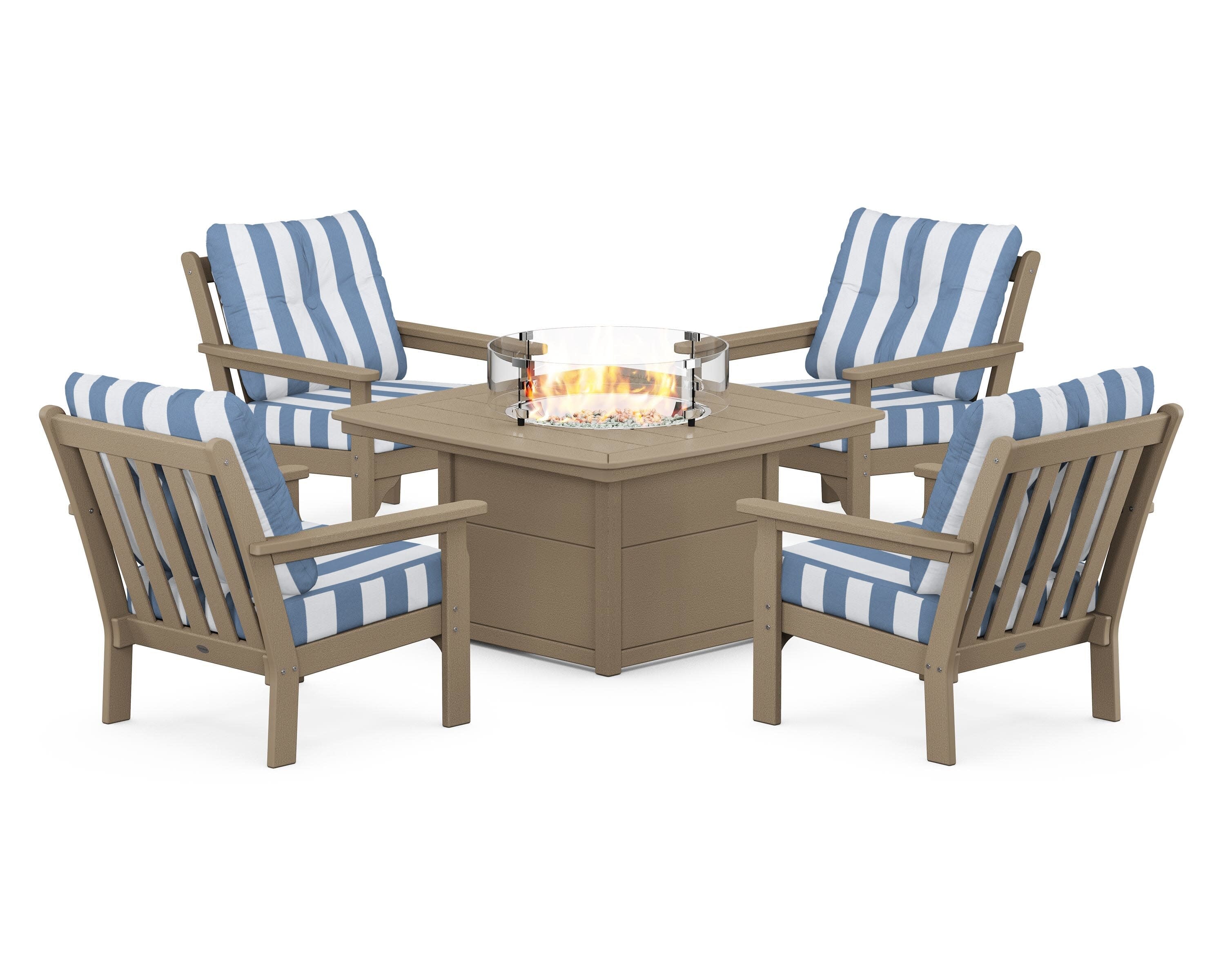 Vineyard 5-Piece Conversation Set with Fire Pit Table in Vintage Sahara / Cabana Stripe Sky Blue