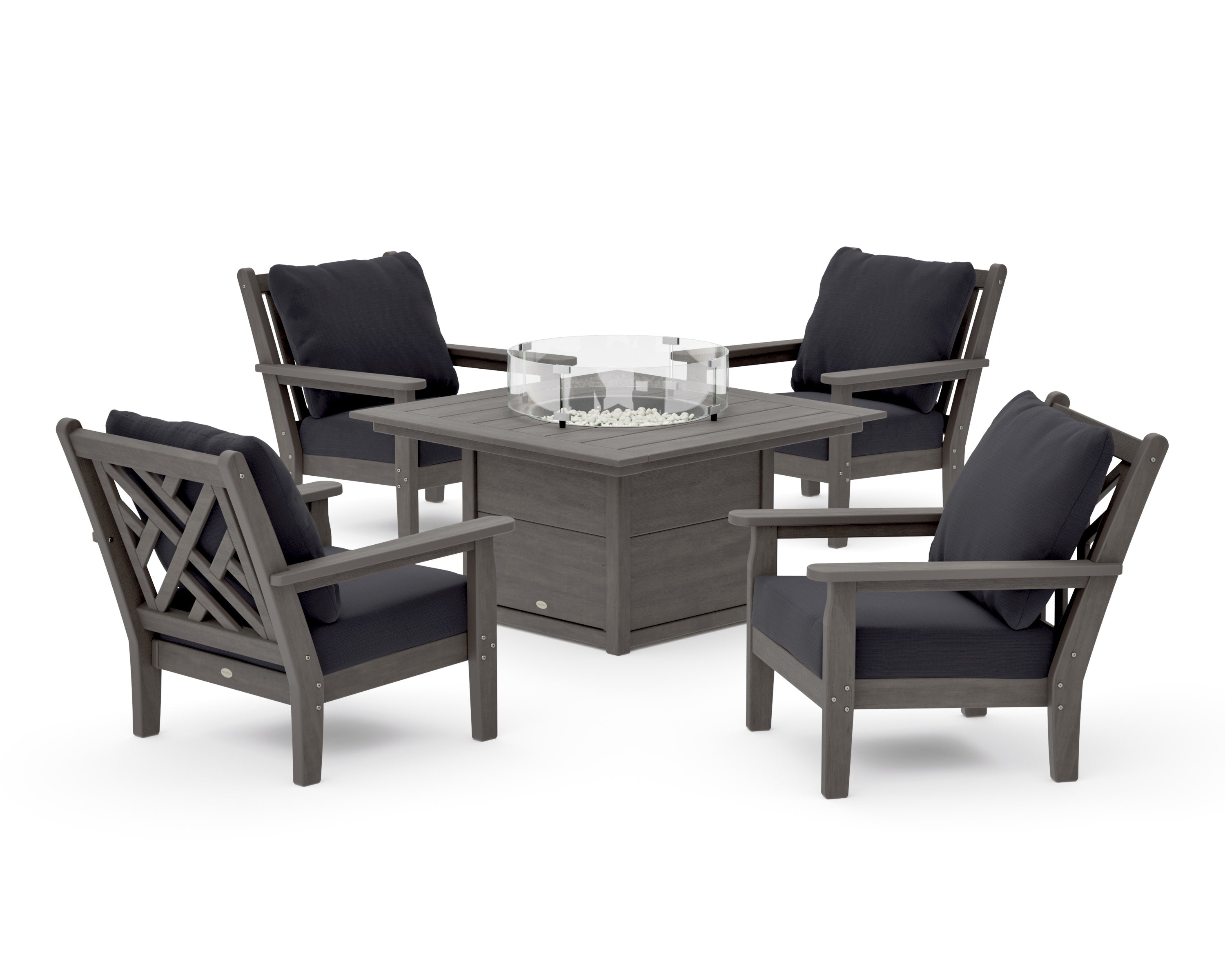 Chippendale 5-Piece Deep Seating Set with Fire Pit Table in Driftwood / Midnight Linen