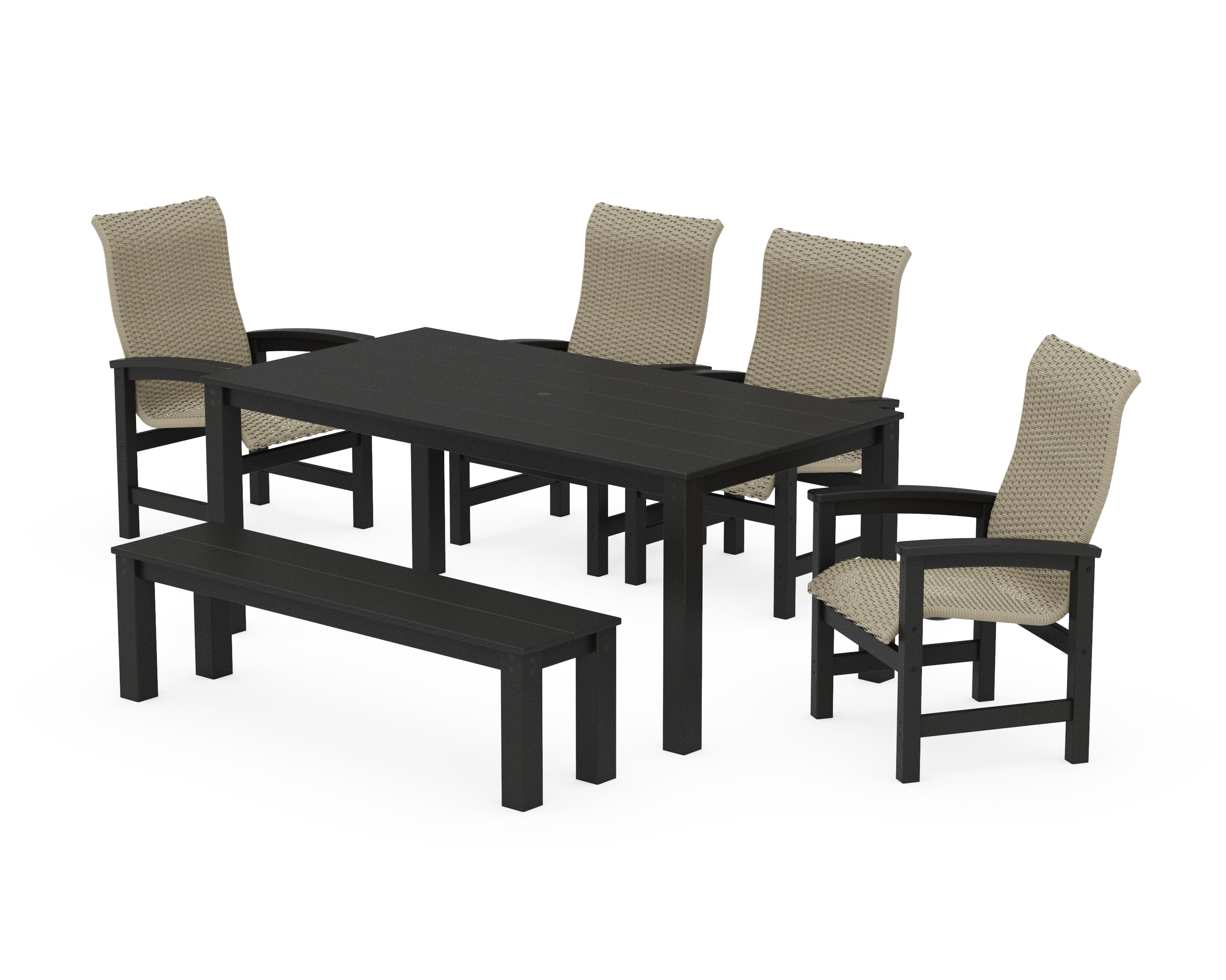 Coastal Woven High-Back 6-Piece Parsons Dining Set with Bench in Black / Dune Grass