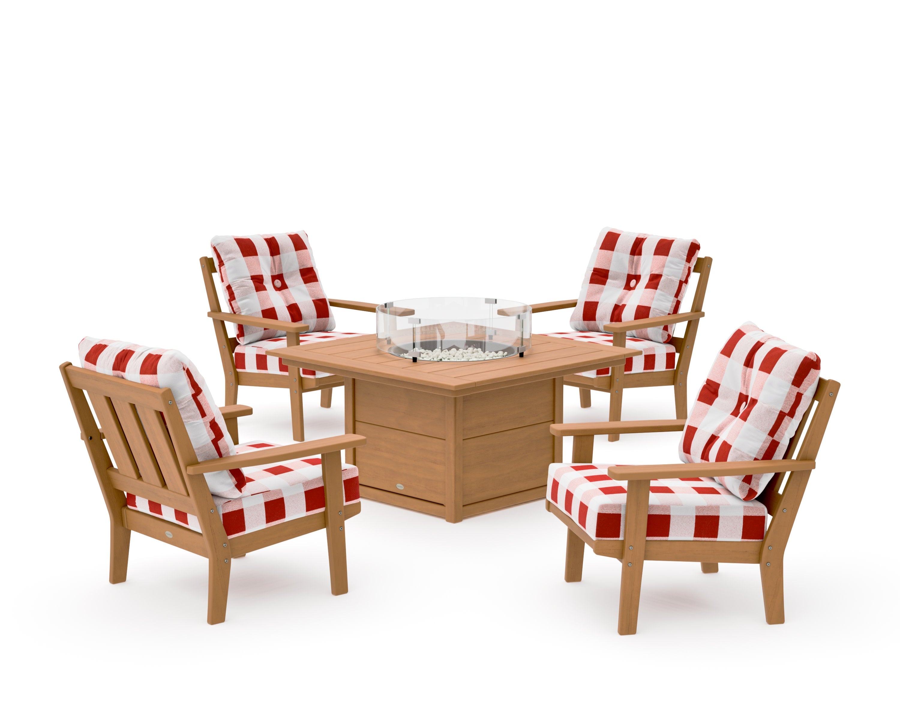 Oxford 5-Piece Deep Seating Set with Fire Pit Table in Natural / Buffalo Plaid Crimson