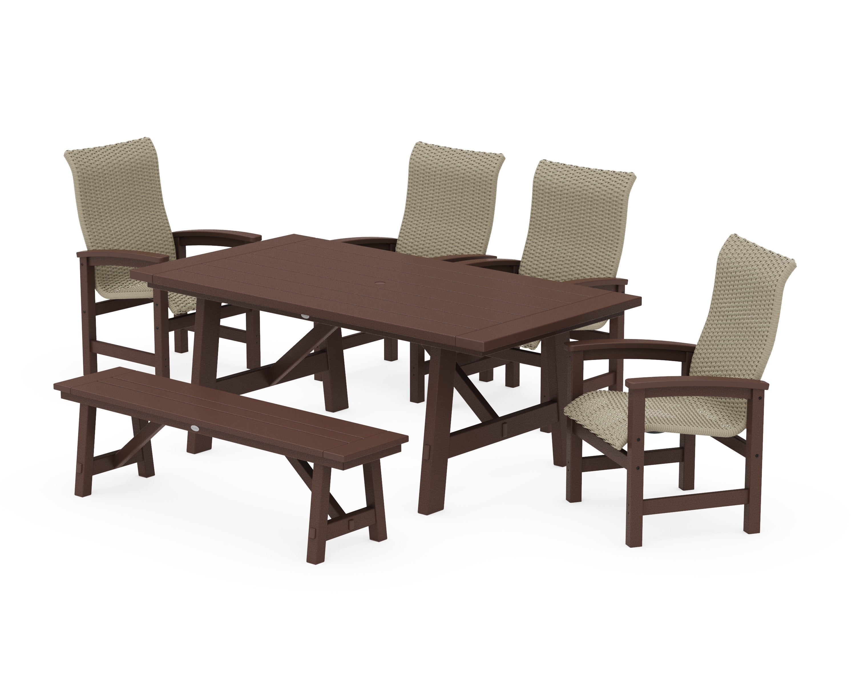 Coastal Woven High-Back 6-Piece Rustic Farmhouse Dining Set with Bench in Mahogany / Dune Grass