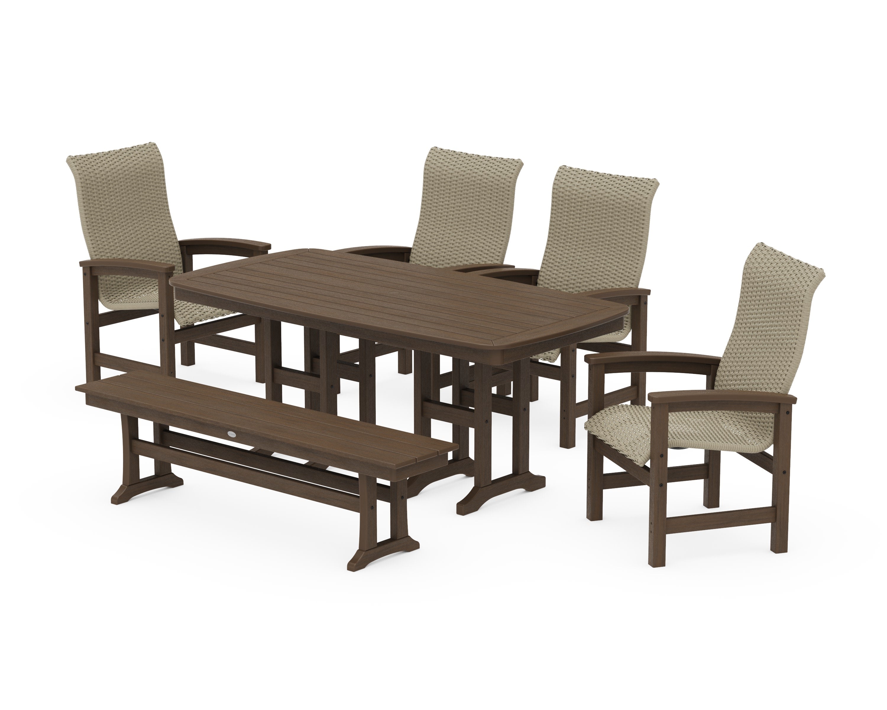 Coastal Woven High-Back 6-Piece Farmhouse Dining Set with Bench in Kona / Dune Grass