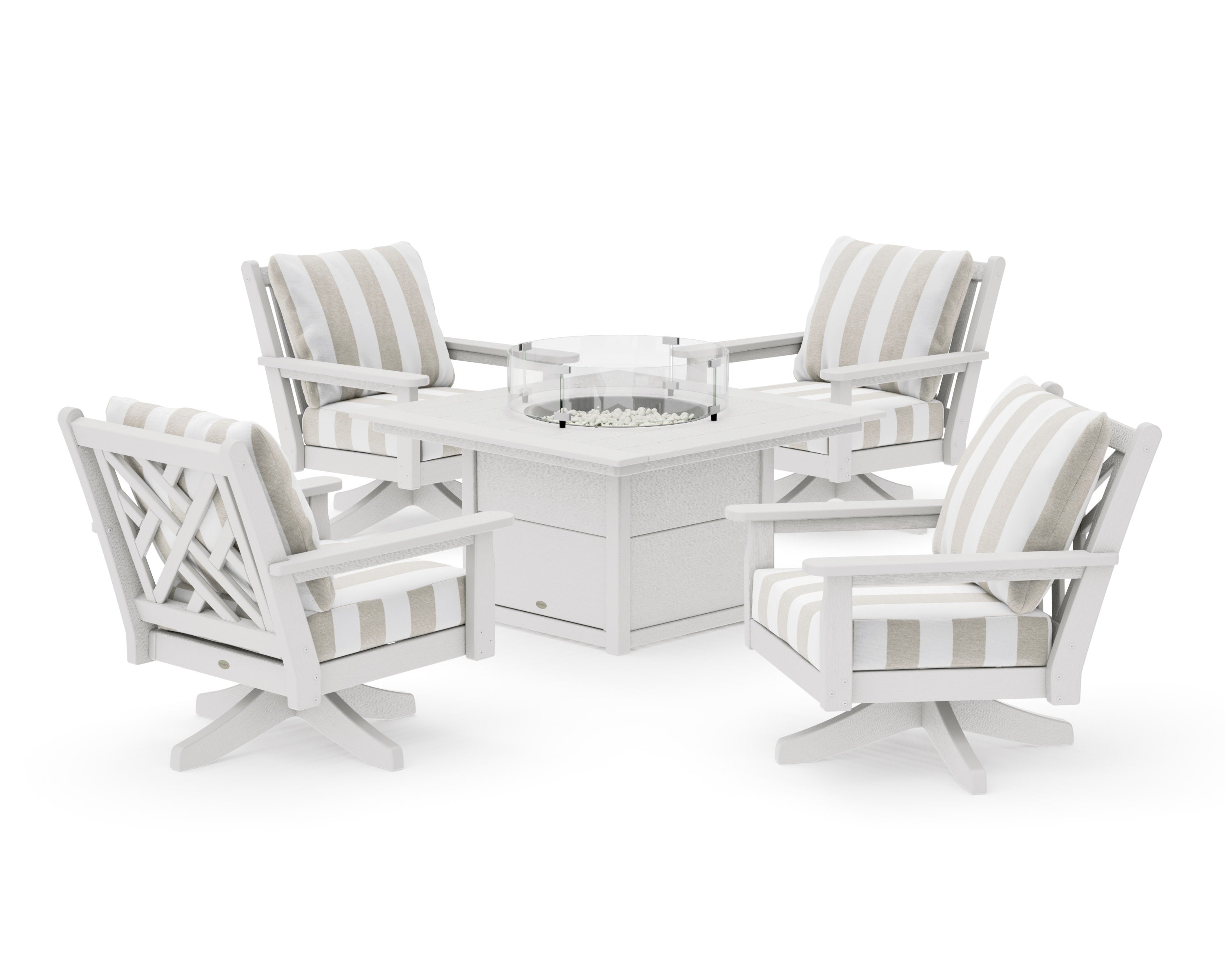 Chippendale 5-Piece Deep Seating Swivel Conversation Set with Fire Pit Table in Vintage White / Cabana Stripe Dune Burlap