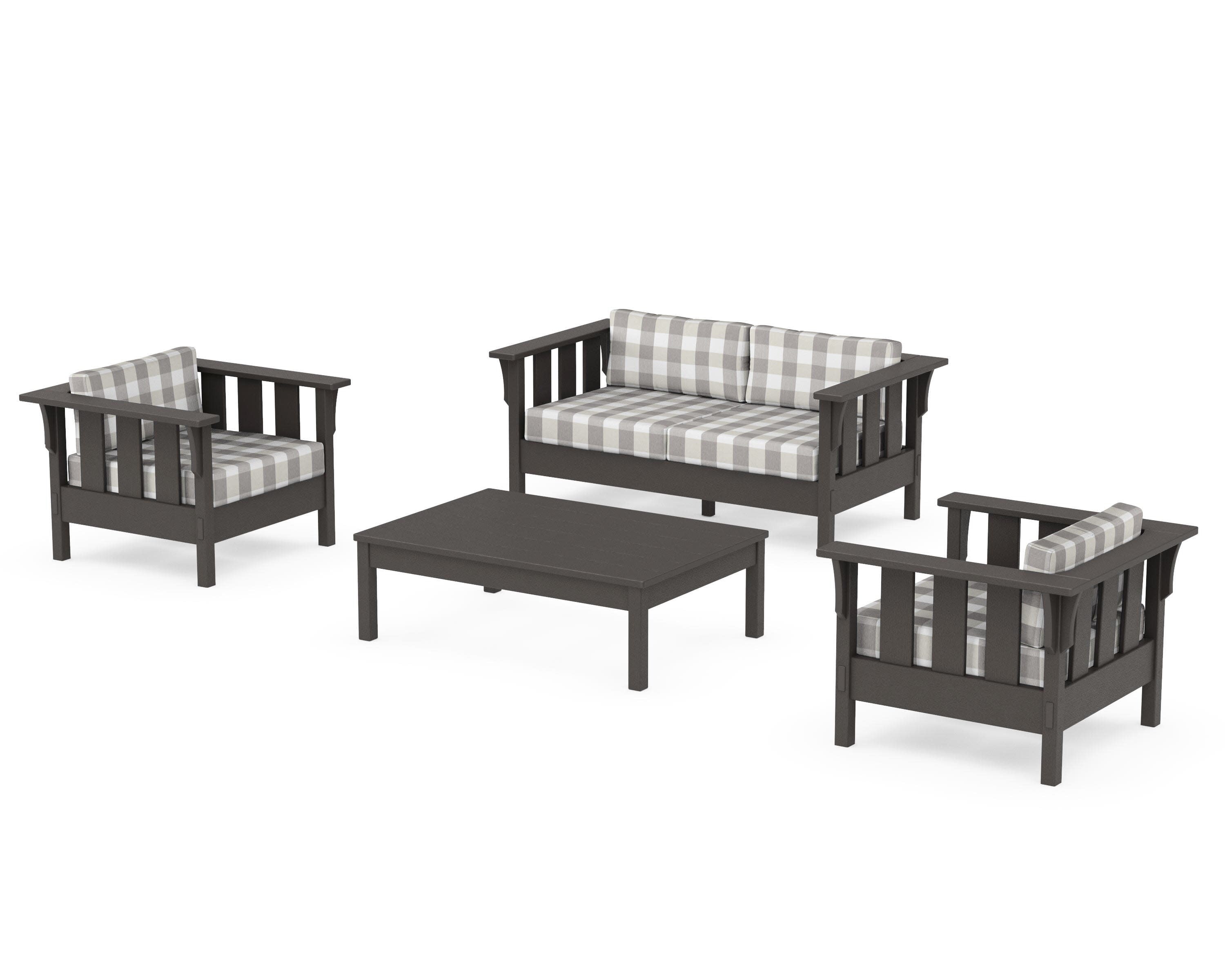 Acadia 4-Piece Deep Seating Set with Loveseat in Vintage Coffee / Buffalo Plaid Grey Mist