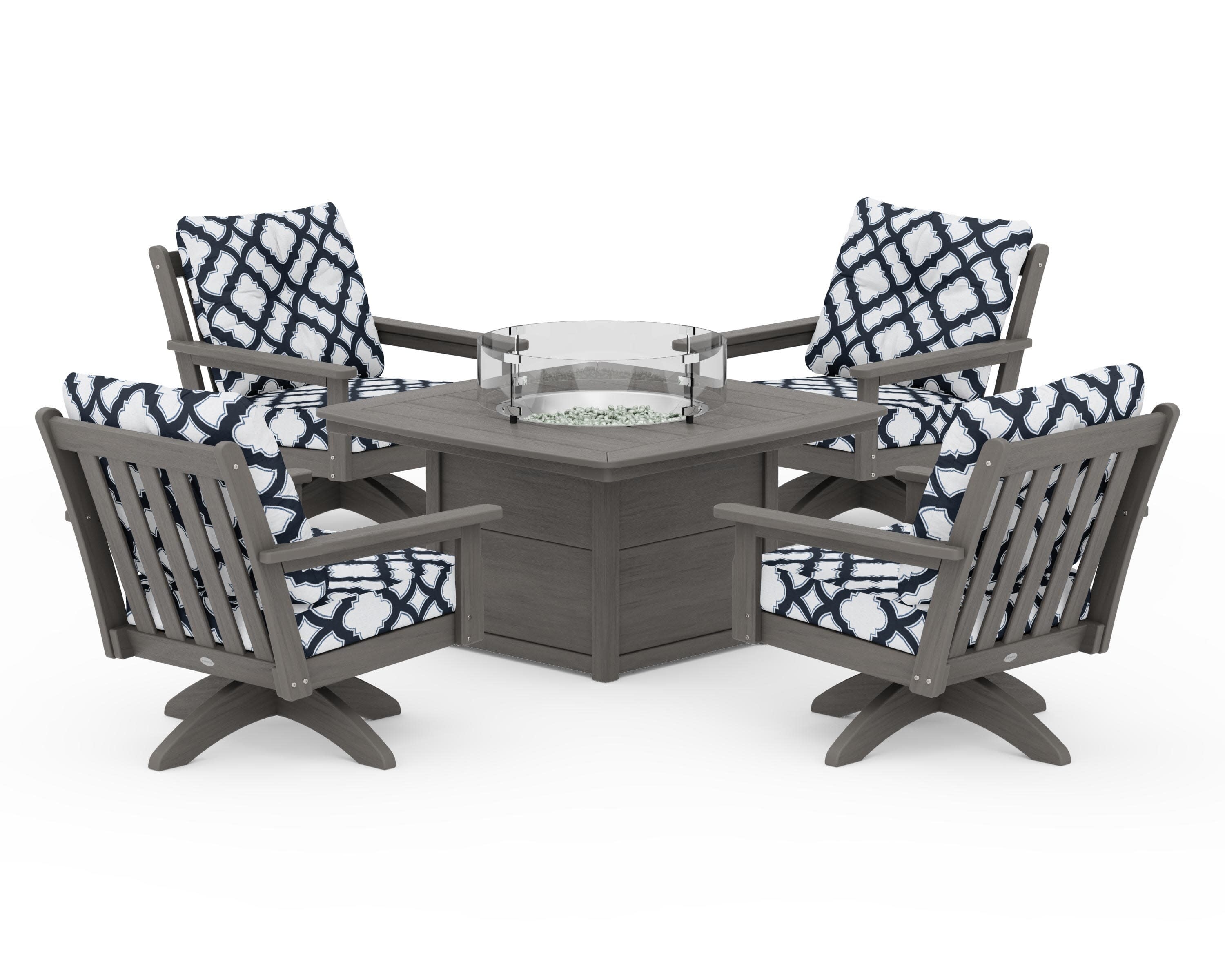 Vineyard 5-Piece Deep Seating Swivel Conversation Set with Fire Pit Table in Driftwood / Trellis Marine Indigo