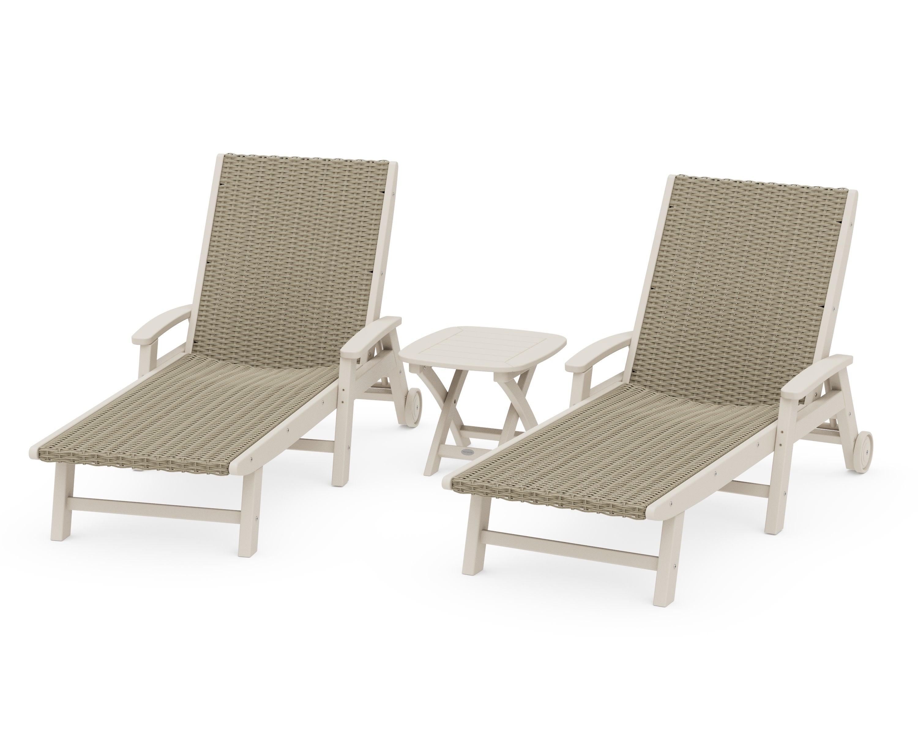 3-Piece Coastal Woven Chaise with Arms and Wheels Chaise Lounge Set in Sand / Dune Grass