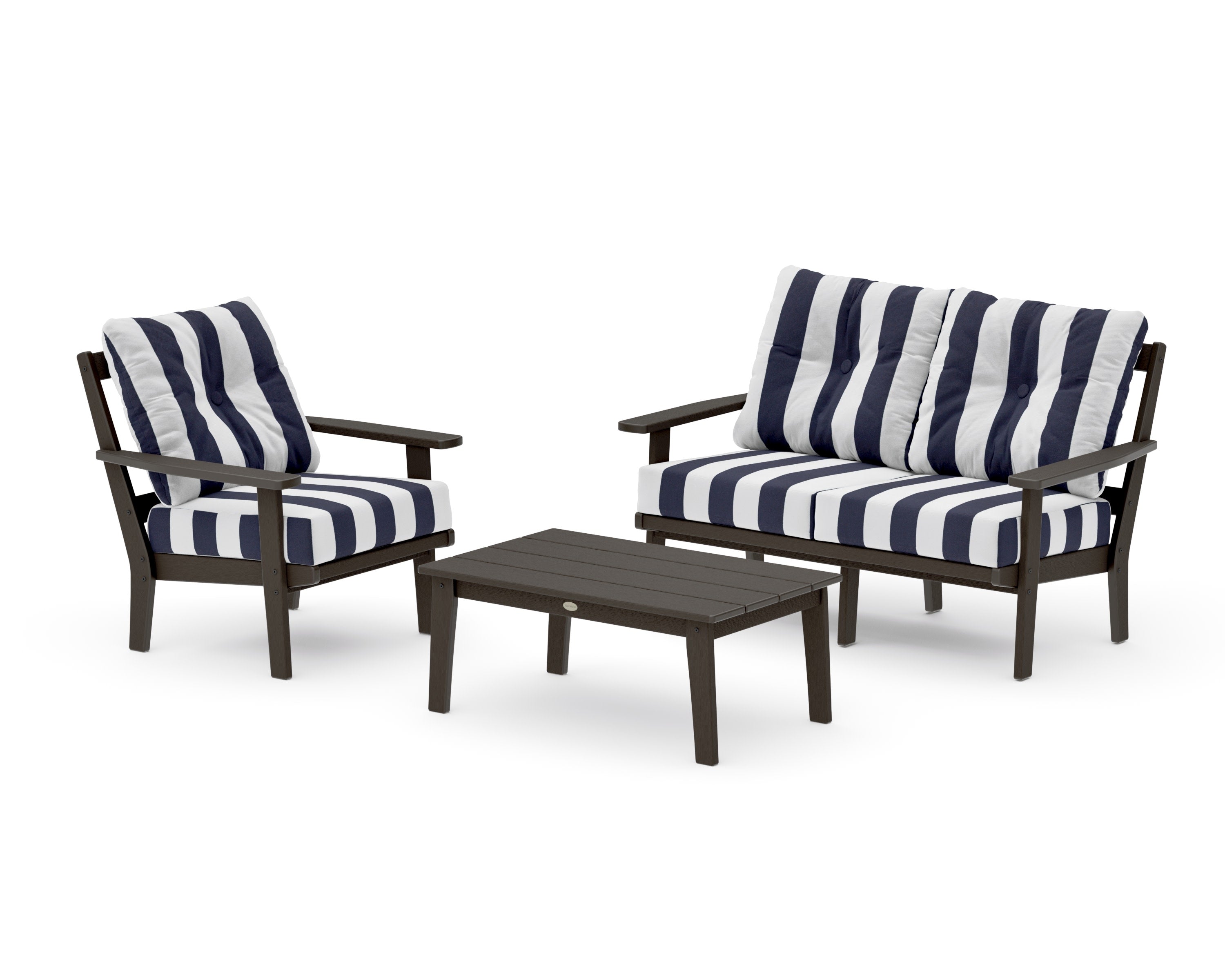 Prairie 3-Piece Deep Seating Set with Loveseat in Vintage Coffee / Cabana Stripe Navy