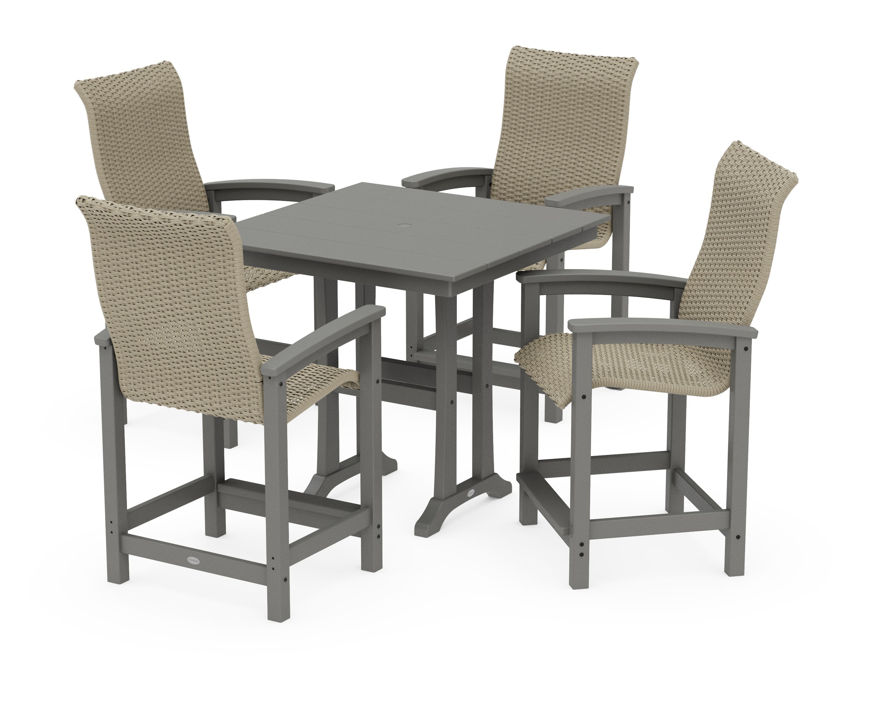 Coastal Woven High-Back 5-Piece Farmhouse Counter Set with Trestle Legs in Slate Grey / Dune Grass