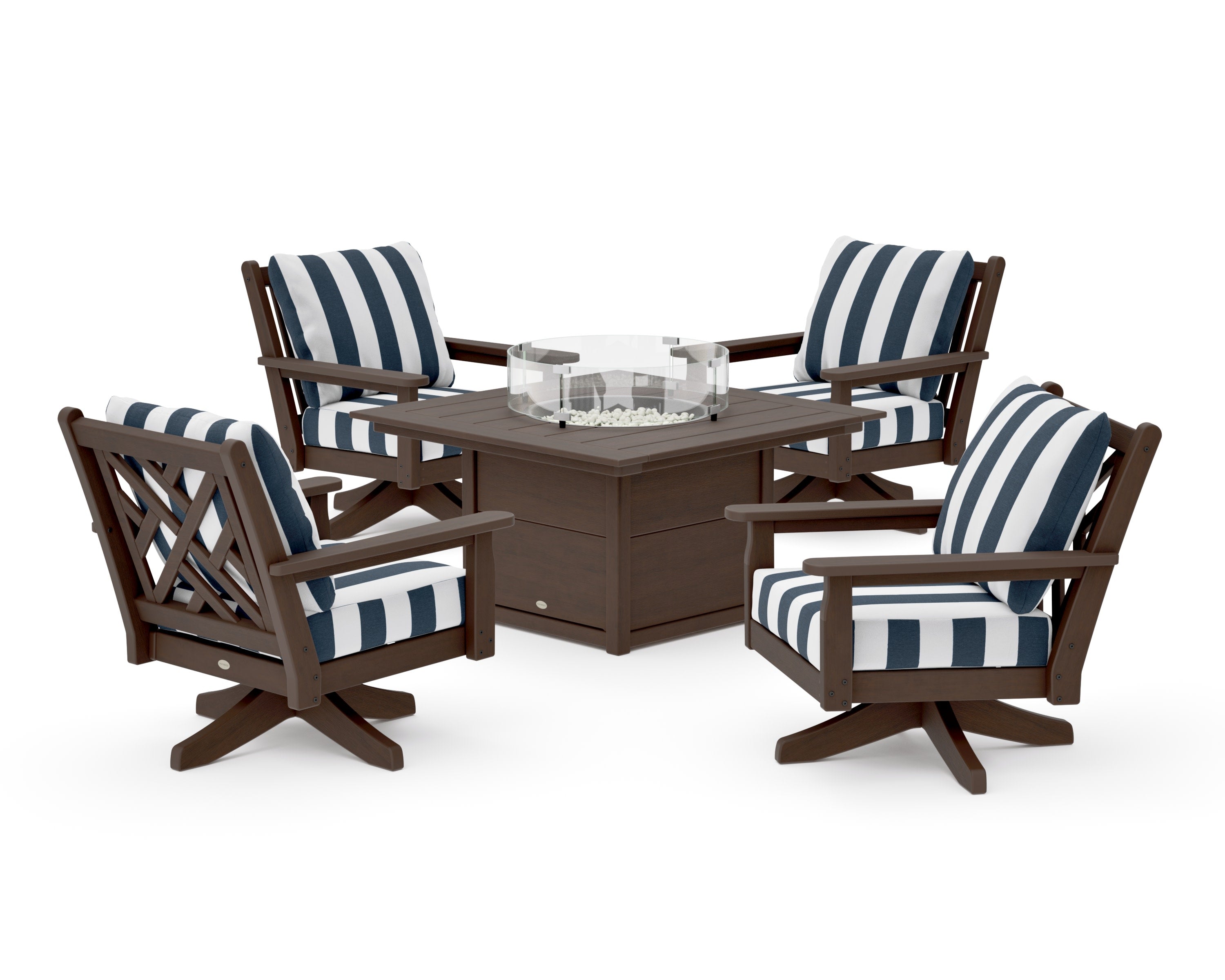 Chippendale 5-Piece Deep Seating Swivel Conversation Set with Fire Pit Table in Kona / Cabana Stripe Marine Indigo