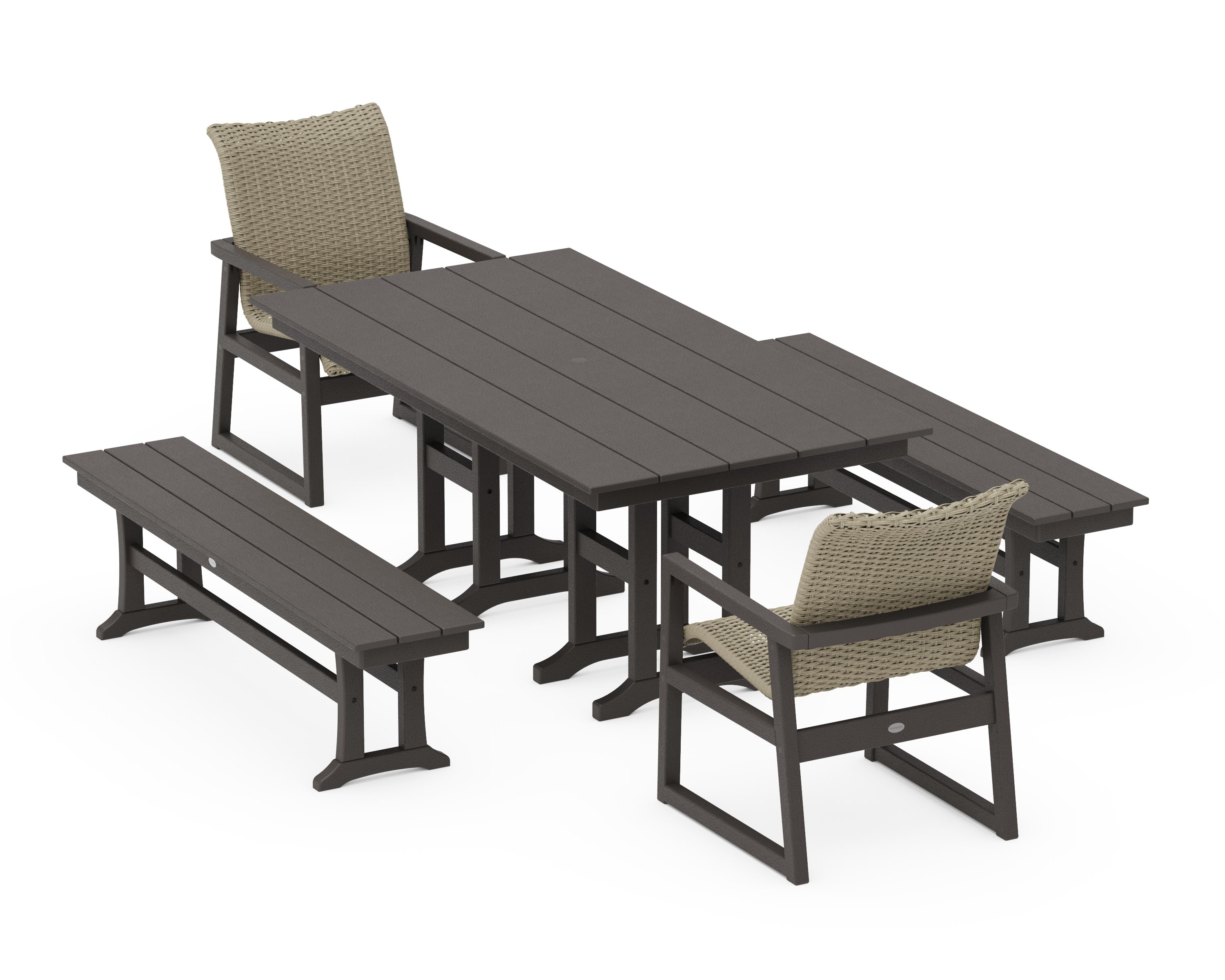 EDGE Woven 5-Piece Farmhouse Dining Set with Benches in Vintage Coffee / Dune Grass