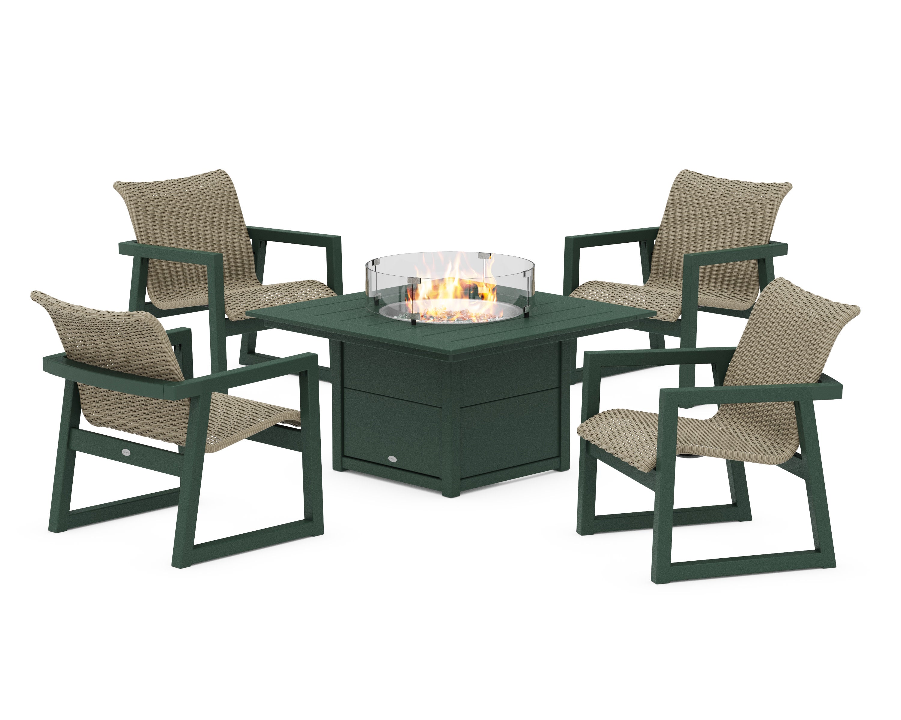 EDGE Woven 5-Piece Lounge Chair Seating Set with Fire Pit Table in Green / Dune Grass
