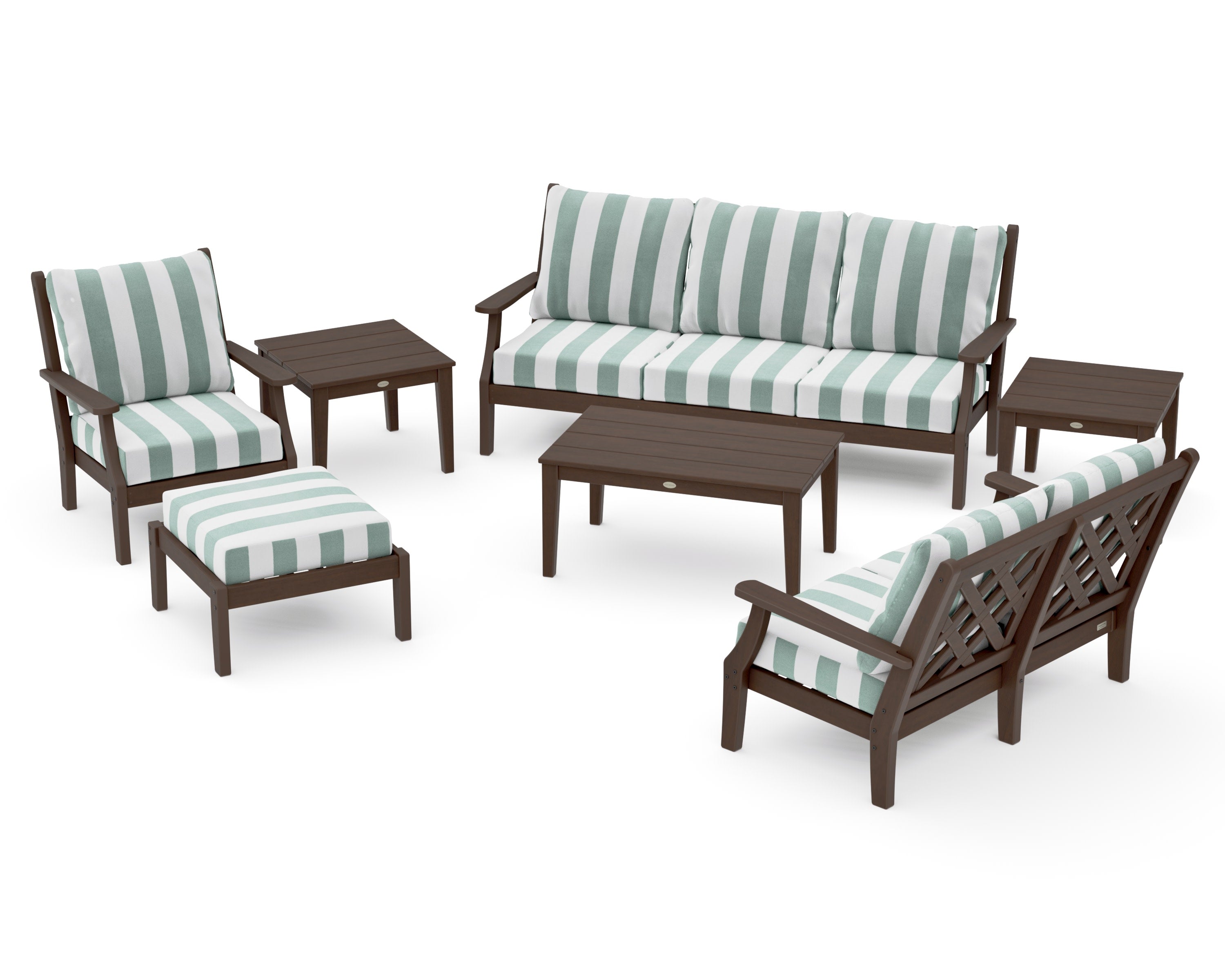 Wovendale 7-Piece Deep Seating Set in Kona / Cabana Stripe Glacier Spa