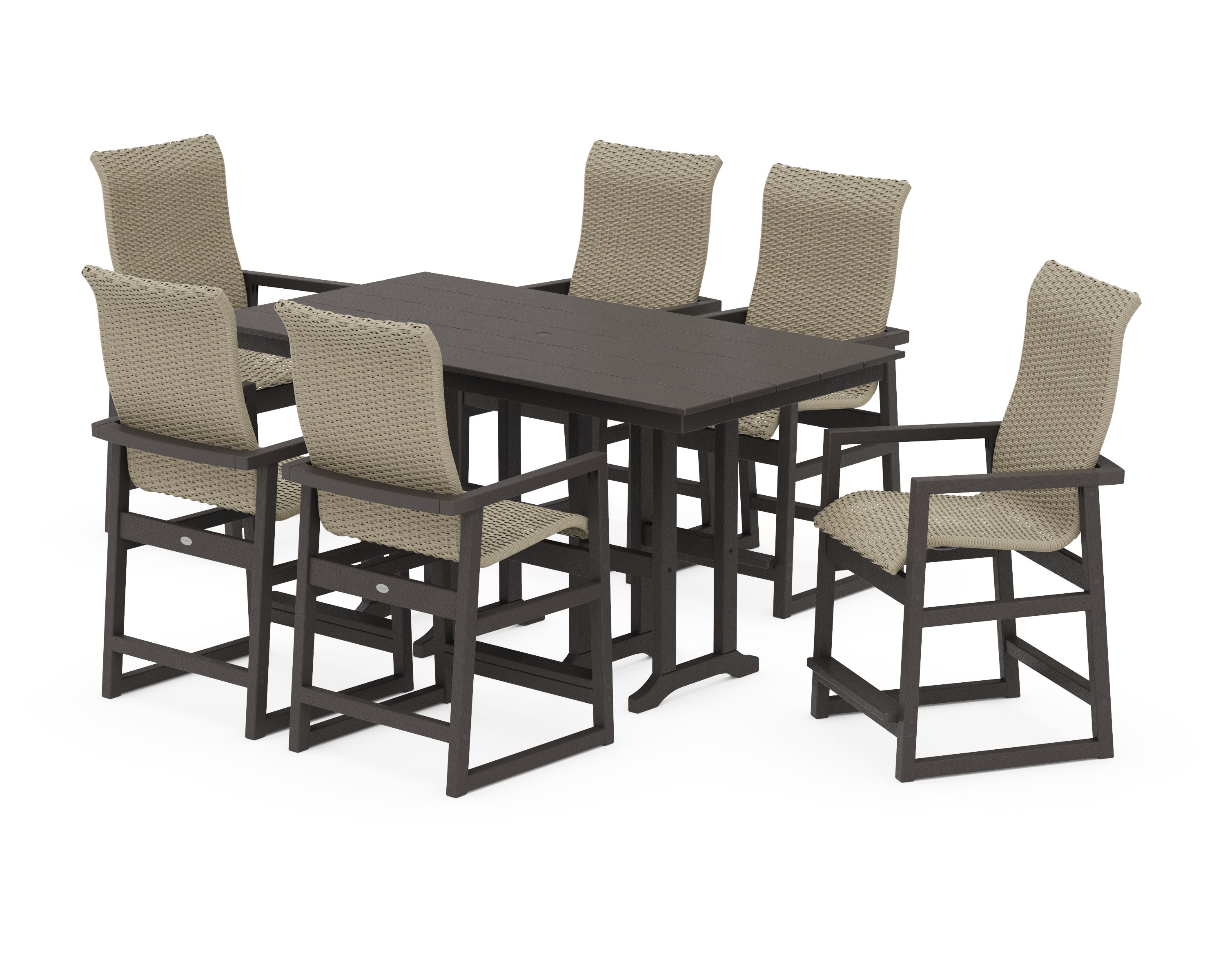 EDGE Woven Highback Arm Chair 7-Piece Farmhouse Counter Set in Vintage Coffee / Dune Grass