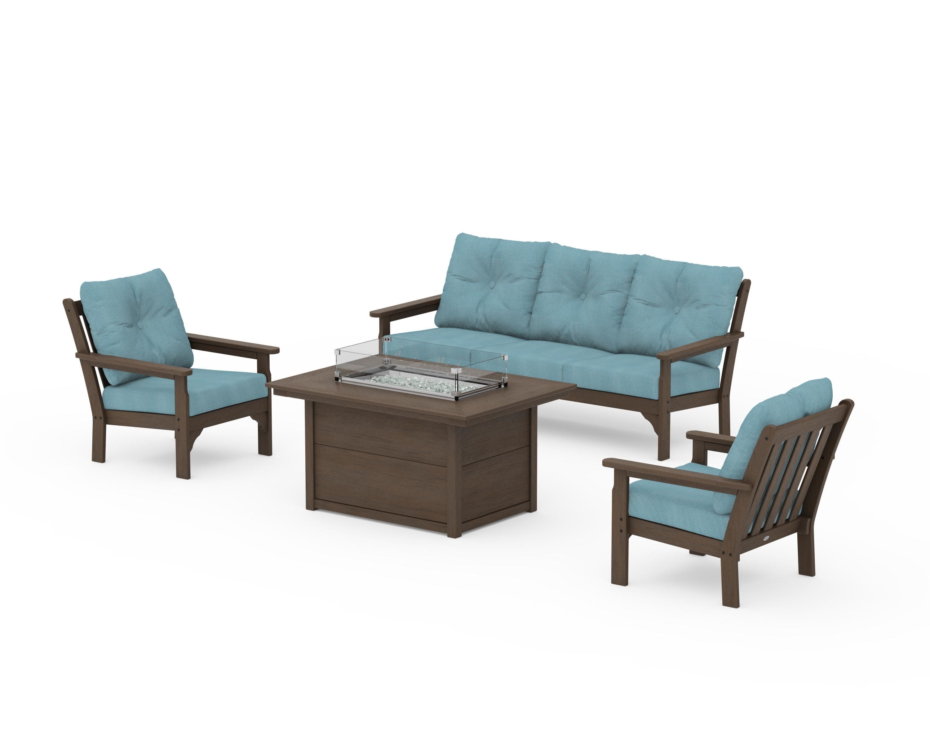 Vineyard Deep Seating Fire Pit Table Set in Kona / Lattice Sky Blue