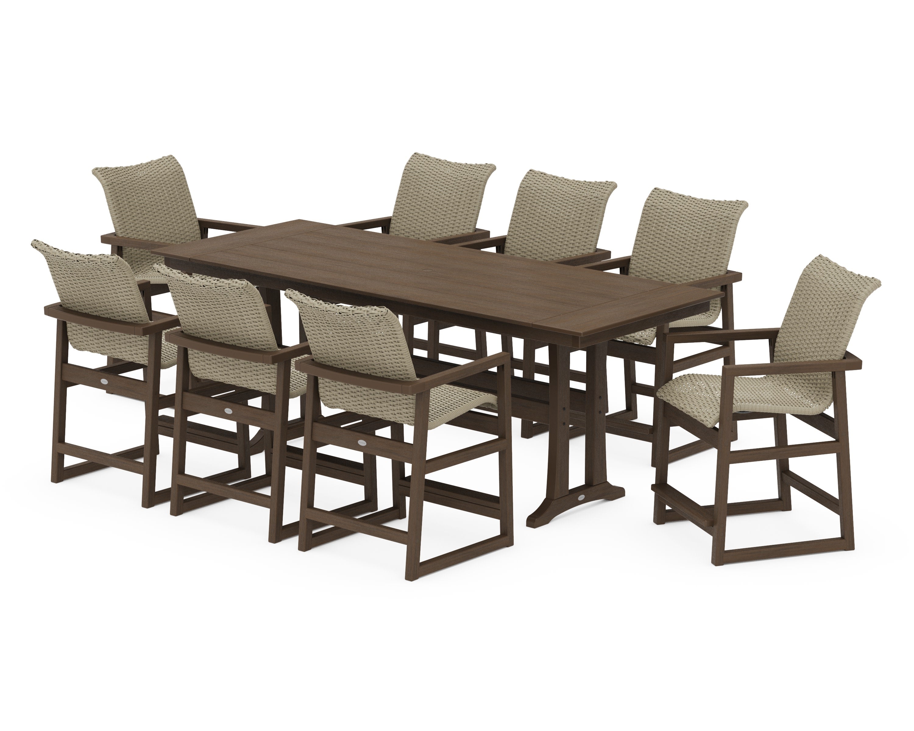 EDGE Woven 9-Piece Farmhouse Counter Set with Trestle Legs in Kona / Dune Grass
