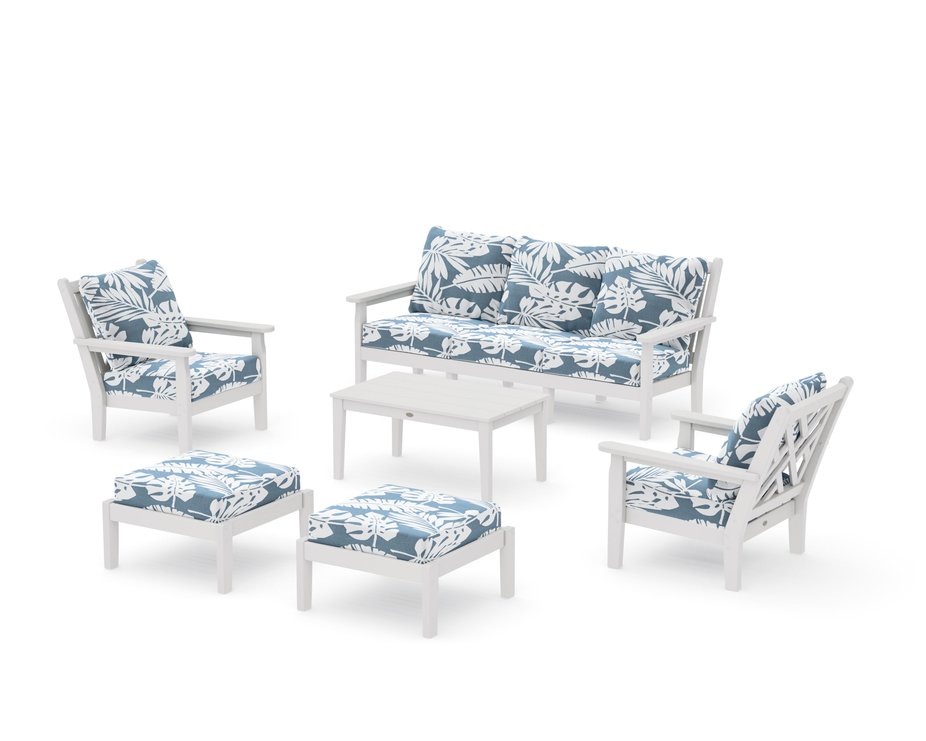 Chippendale 6-Piece Lounge Sofa Set in Vintage White / Leaf Sky Blue