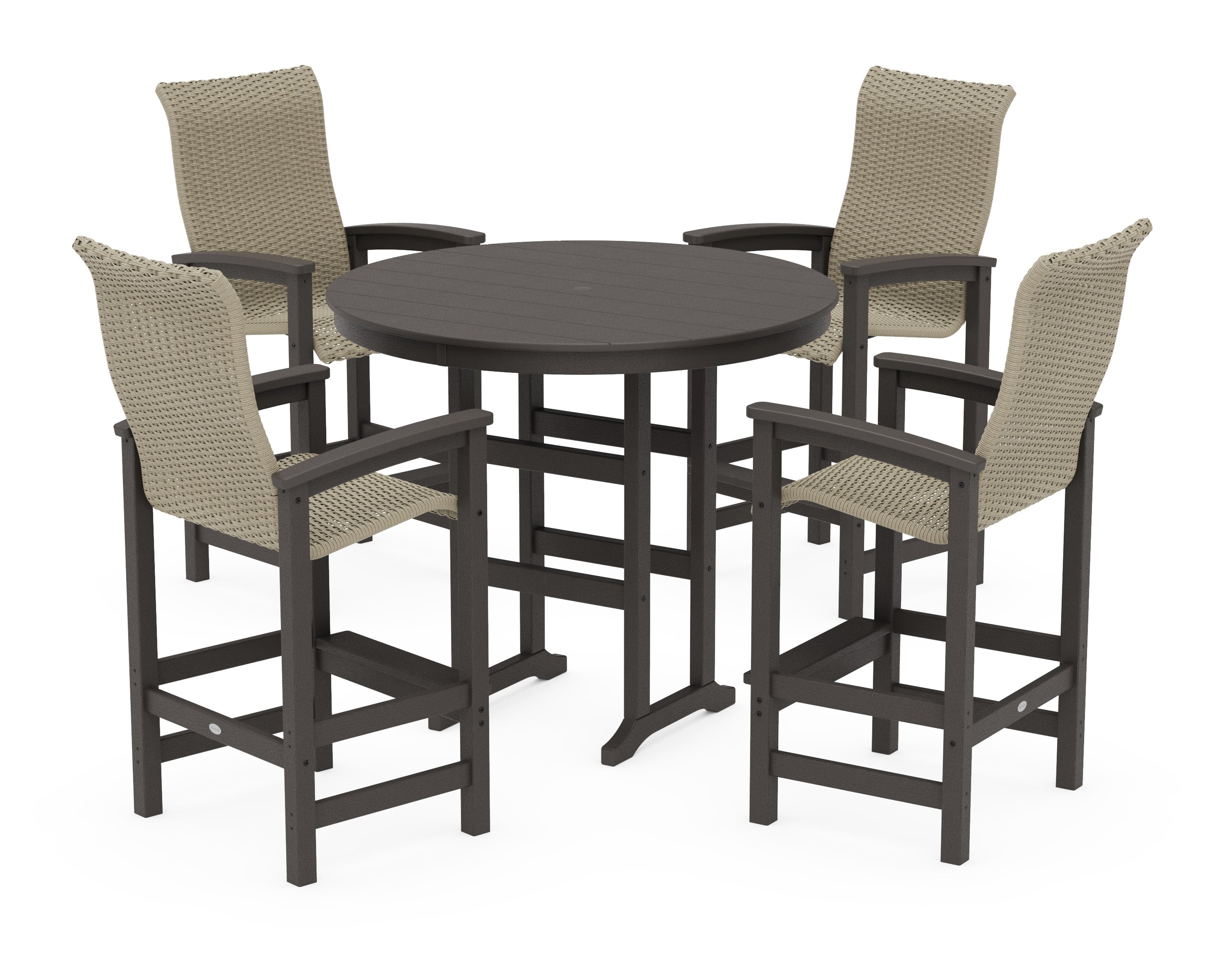 Coastal Woven High-Back 5-Piece Round Farmhouse Bar Set in Vintage Coffee / Dune Grass