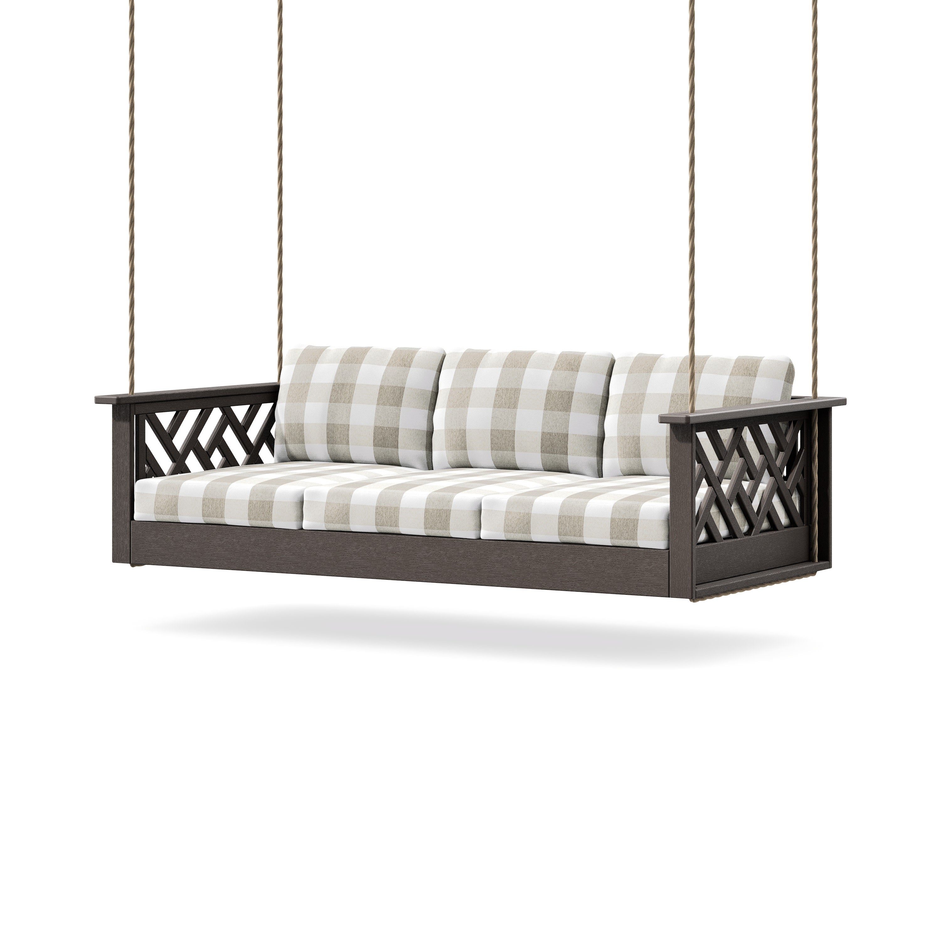 Chippendale Daybed Swing in Vintage Coffee / Buffalo Plaid Dune Burlap