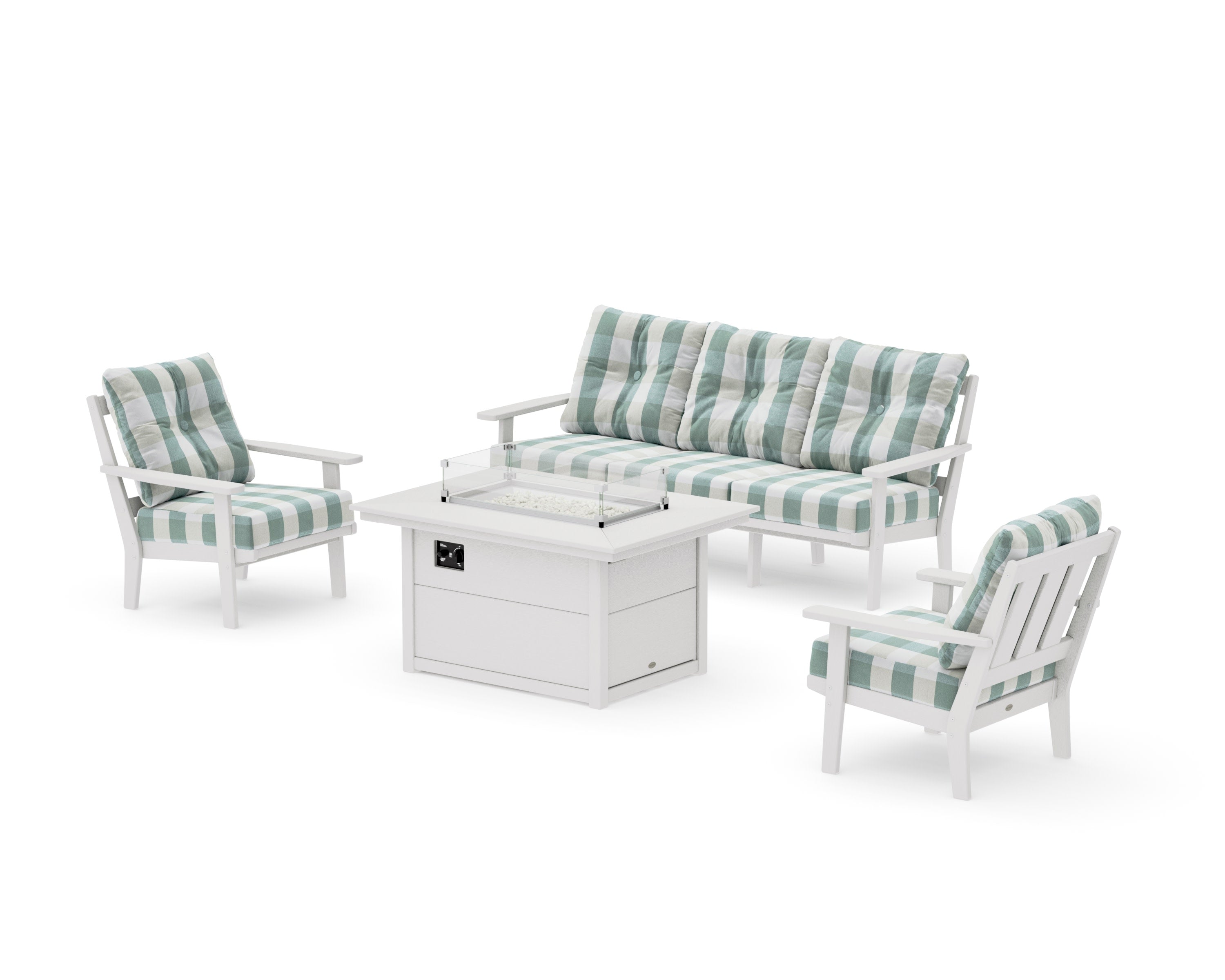 Oxford Deep Seating Fire Pit Table Set in Vintage White / Buffalo Plaid Glacier Spa