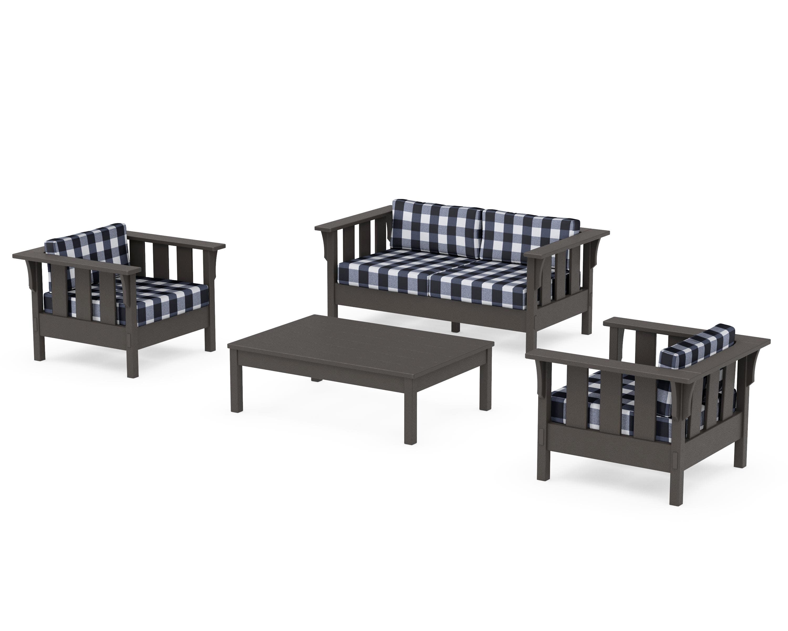 Acadia 4-Piece Deep Seating Set with Loveseat in Vintage Coffee / Buffalo Plaid Marine Indigo