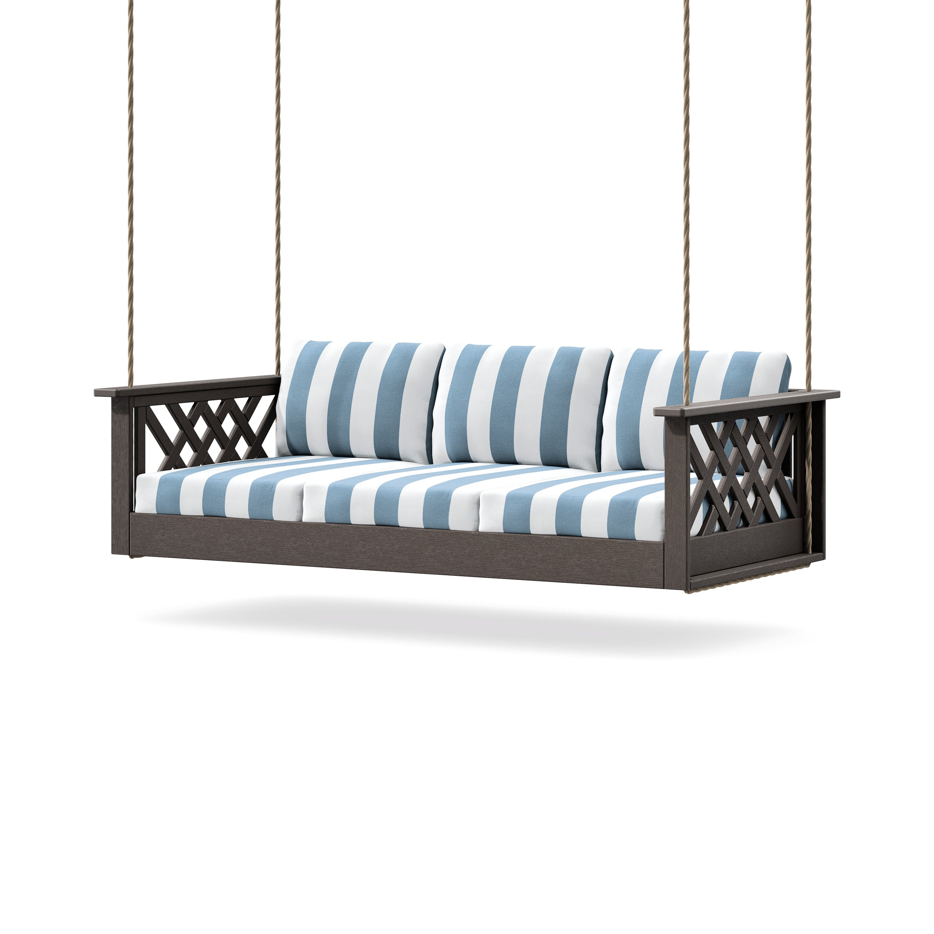 Wovendale Daybed Swing in Vintage Coffee / Cabana Stripe Sky Blue