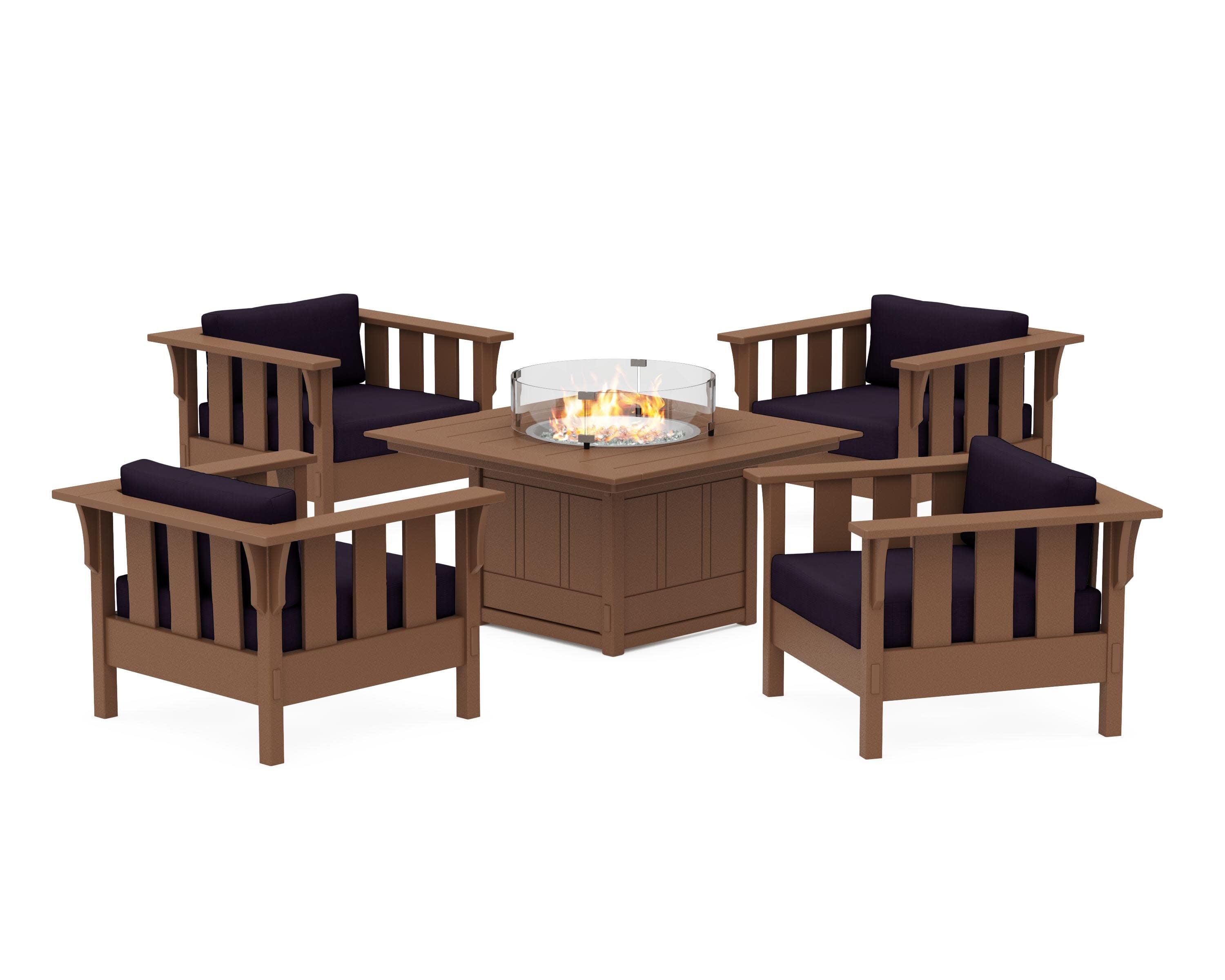 Acadia 5-Piece Deep Seating Set with Fire Pit Table in Teak / Navy Linen