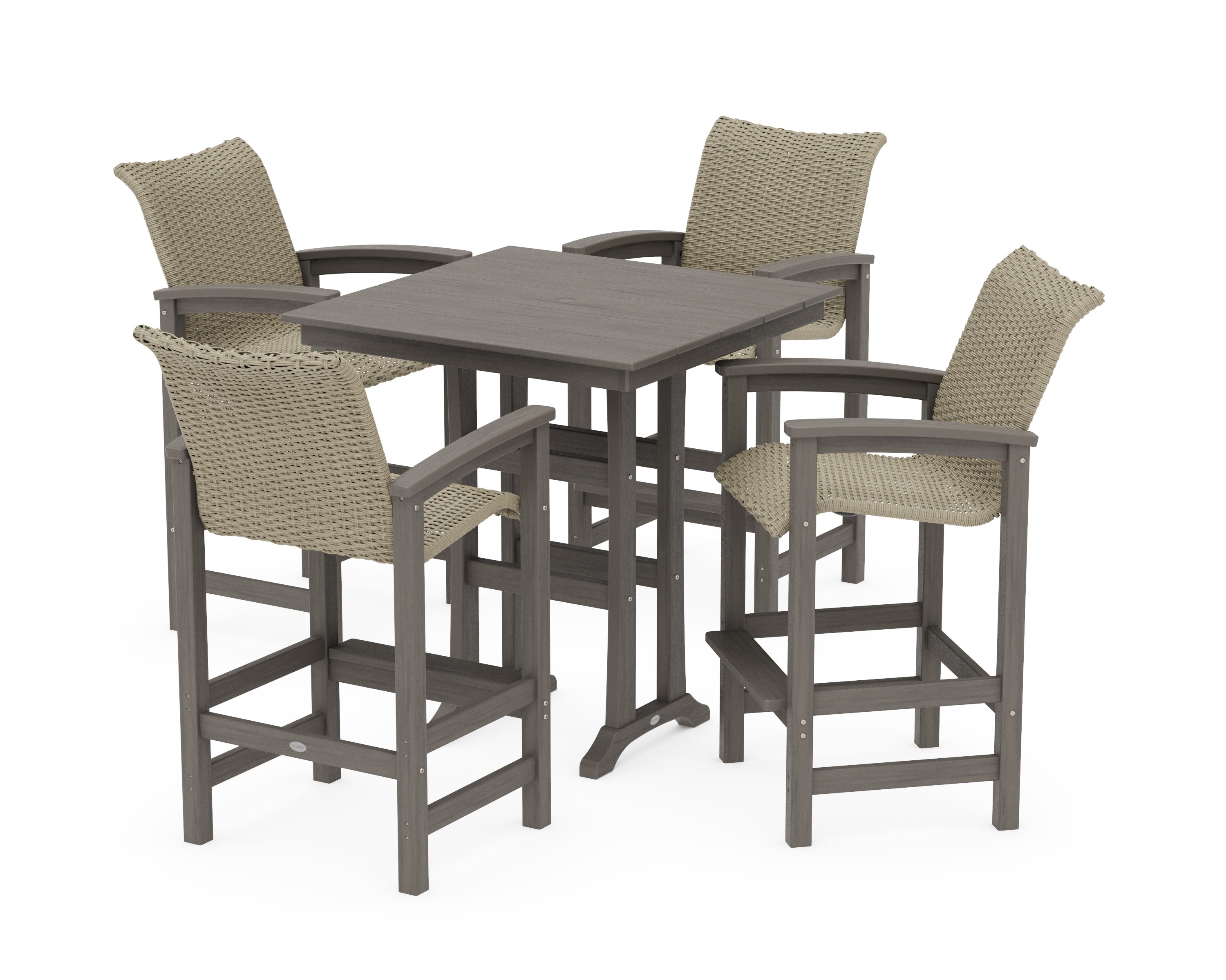 Coastal Woven 5-Piece Farmhouse Bar Set with Trestle Legs in Driftwood / Dune Grass