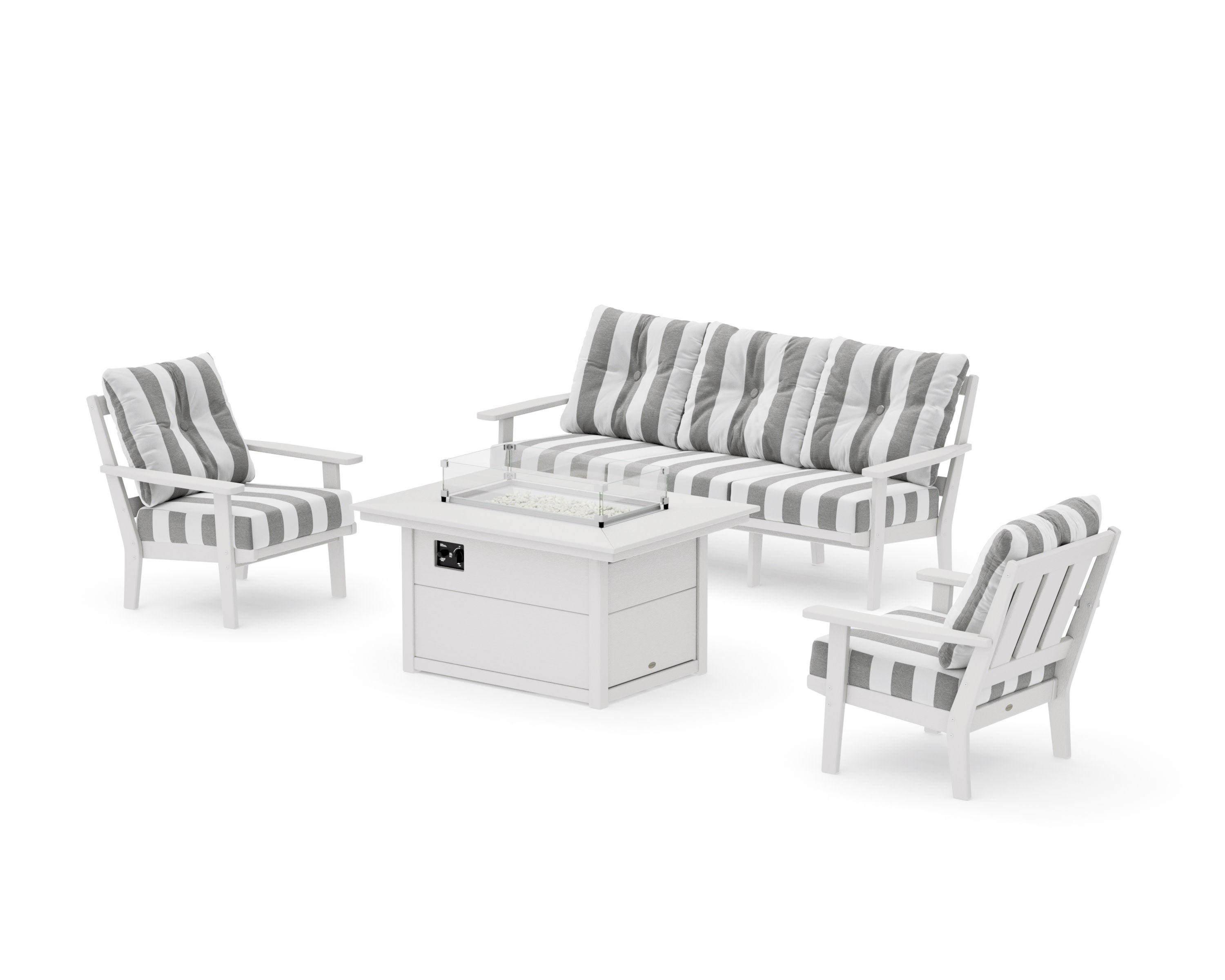 Oxford Deep Seating Fire Pit Table Set in Vintage White / Cabana Stripe Grey Mist