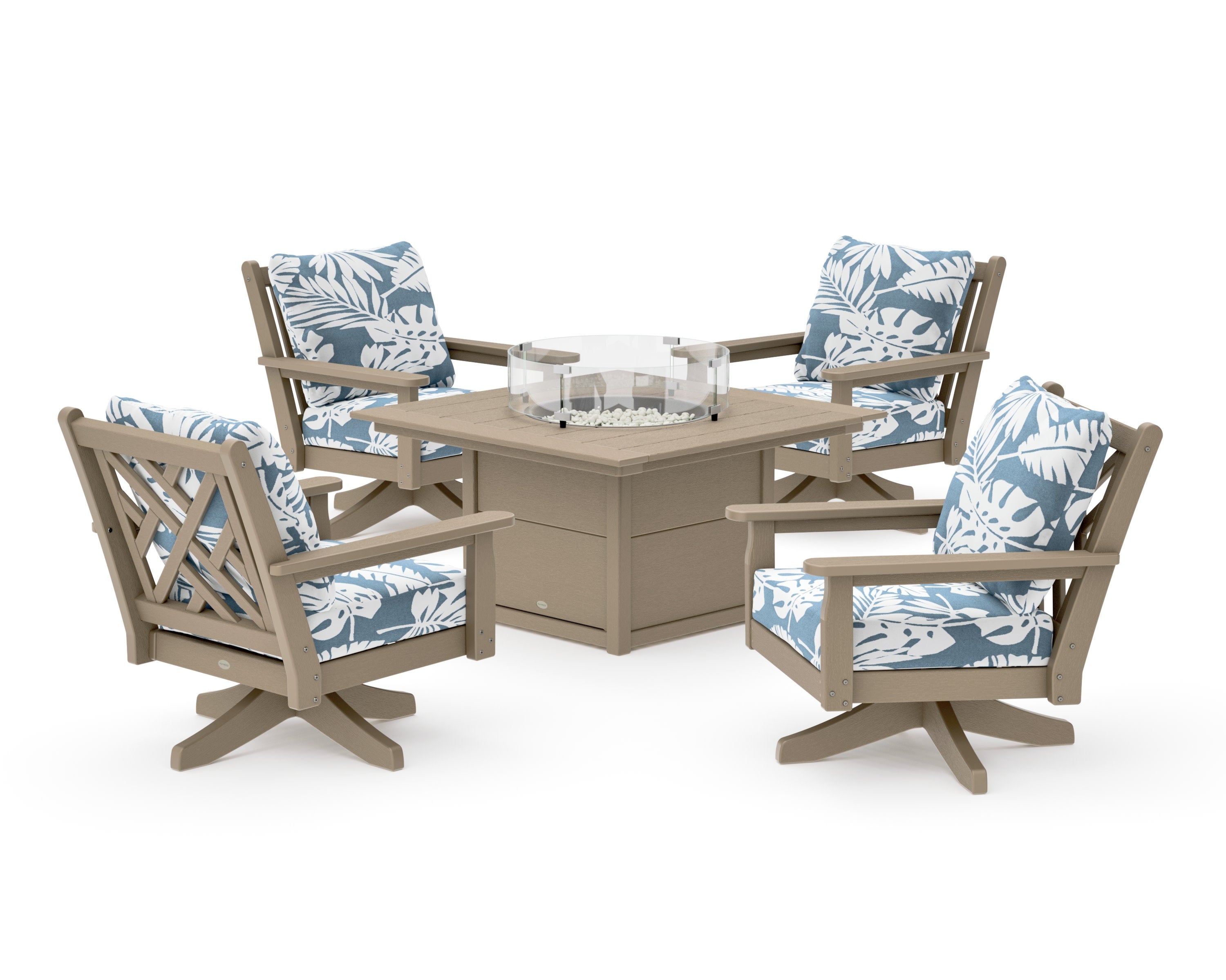Chippendale 5-Piece Deep Seating Swivel Conversation Set with Fire Pit Table in Vintage Sahara / Leaf Sky Blue