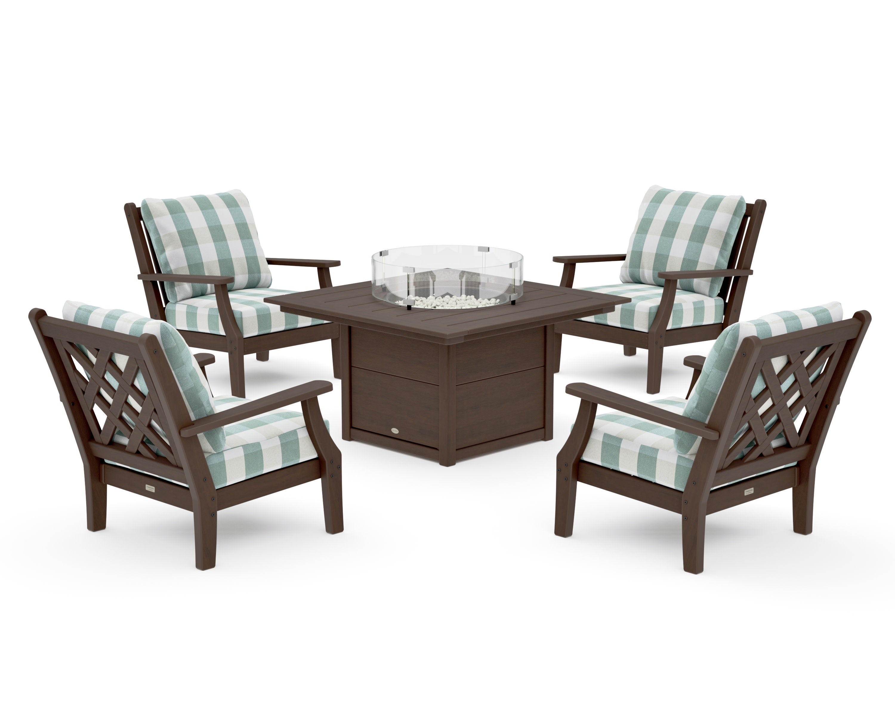 Wovendale 5-Piece Deep Seating Set with Fire Pit Table in Kona / Buffalo Plaid Glacier Spa