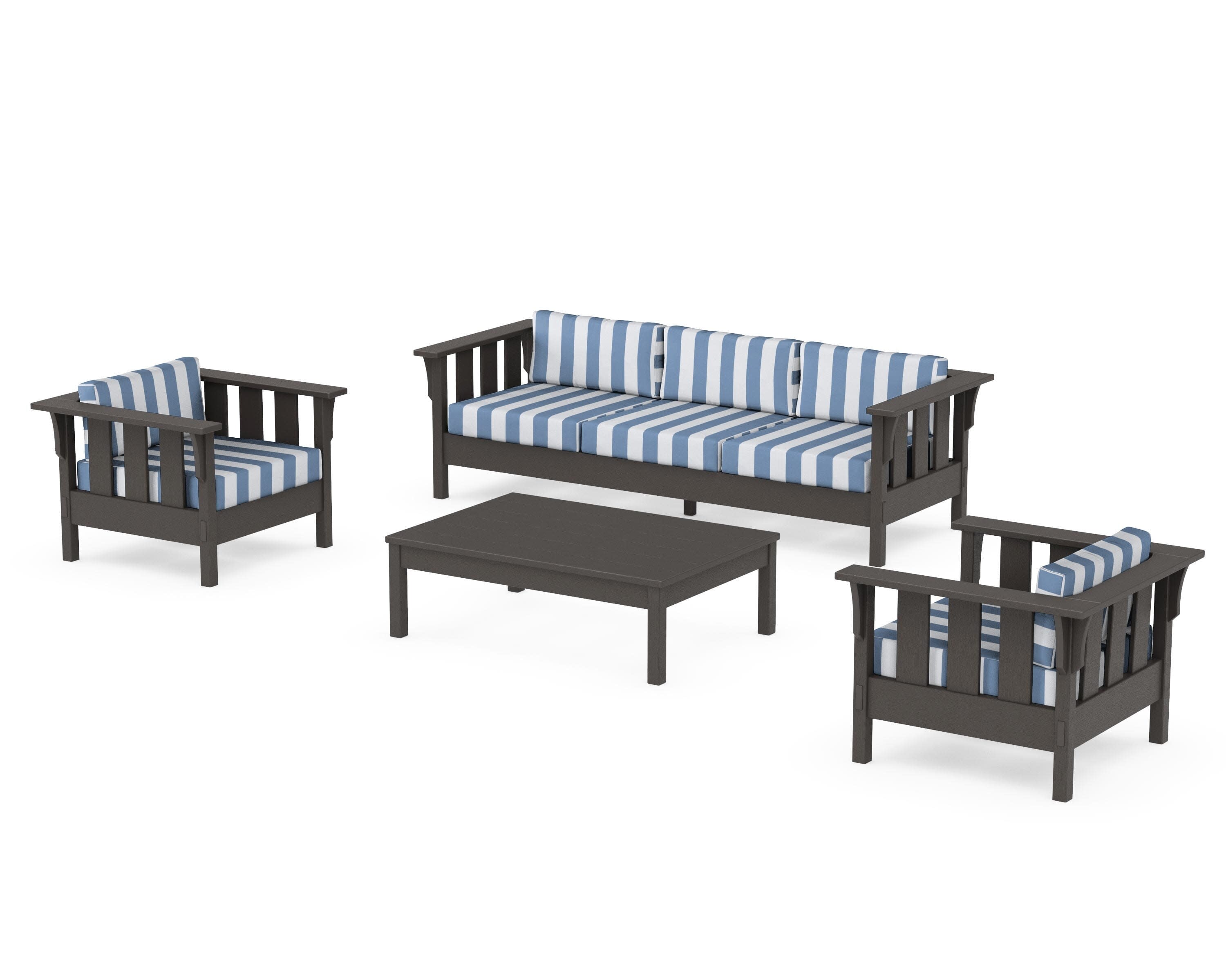 Acadia 4-Piece Deep Seating Set with Sofa in Vintage Coffee / Cabana Stripe Sky Blue