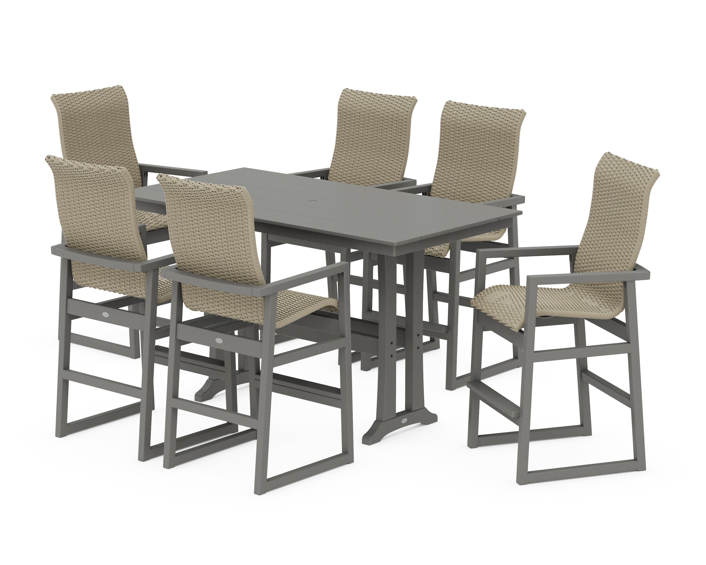 EDGE Woven Highback Arm Chair 7-Piece Farmhouse Bar Set with Trestle Legs
