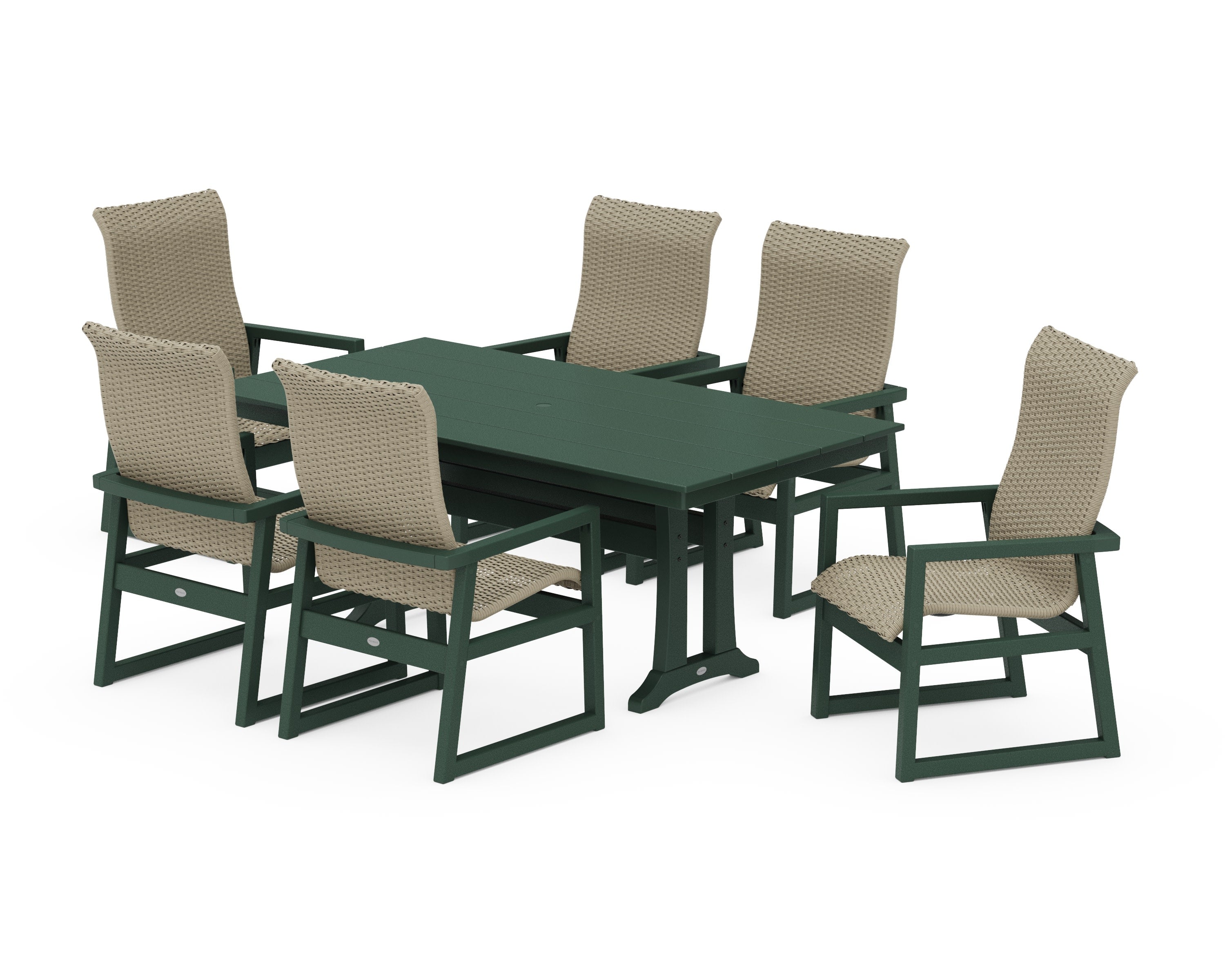 EDGE Woven Highback Arm Chair 7-Piece Farmhouse Dining Set with Trestle Legs in Green / Dune Grass