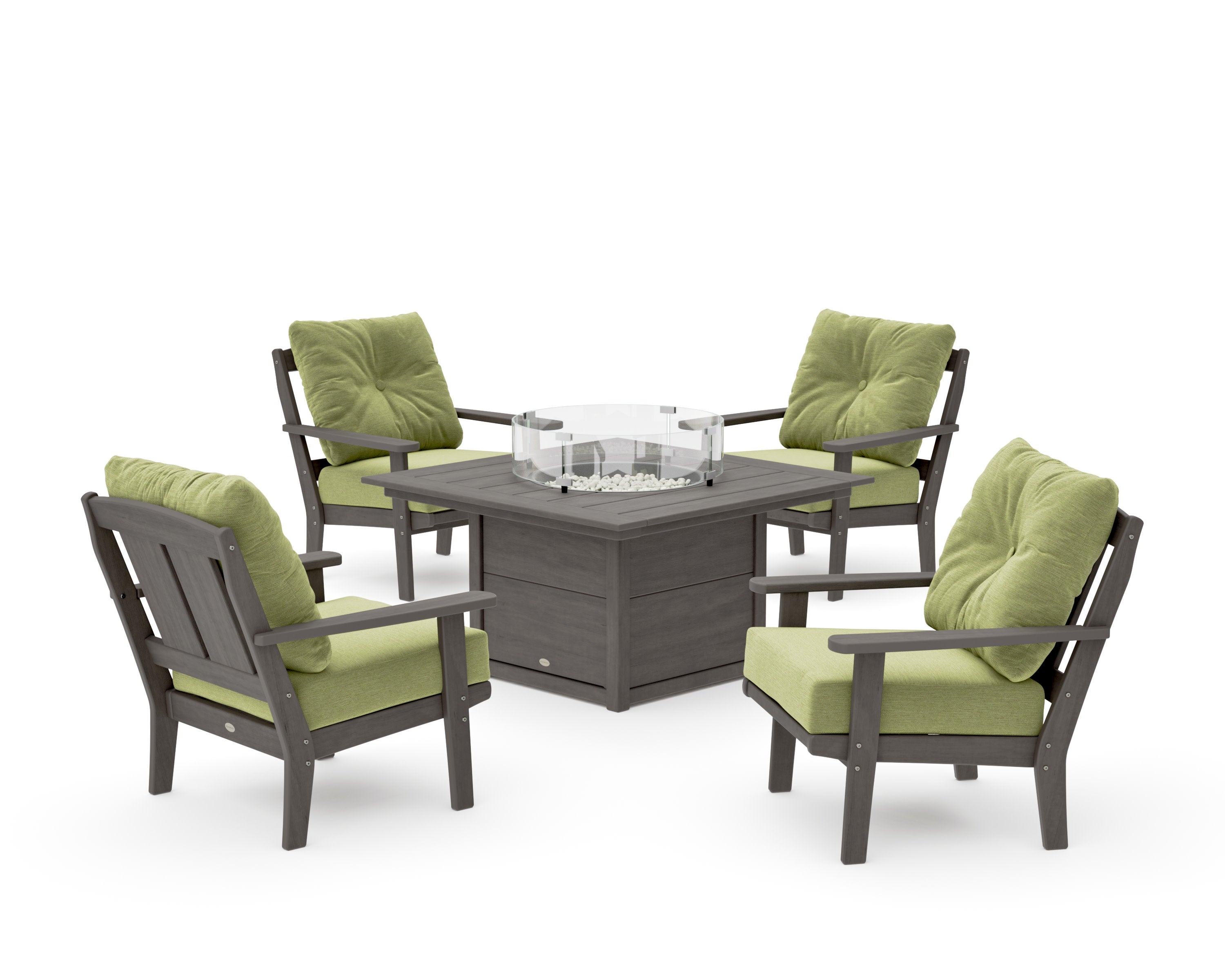 Mission 5-Piece Deep Seating Set with Fire Pit Table in Driftwood / Chartreuse Boucle