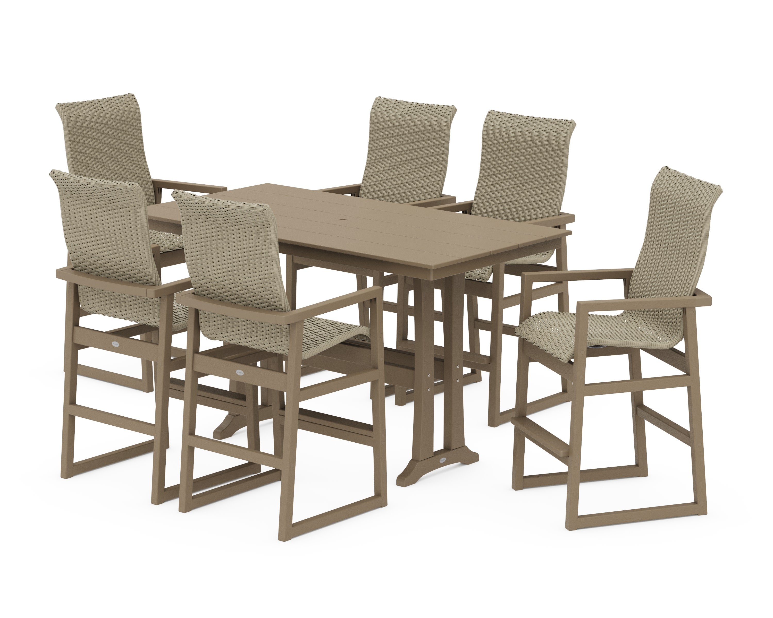 EDGE Woven Highback Arm Chair 7-Piece Farmhouse Bar Set with Trestle Legs in Vintage Sahara / Dune Grass