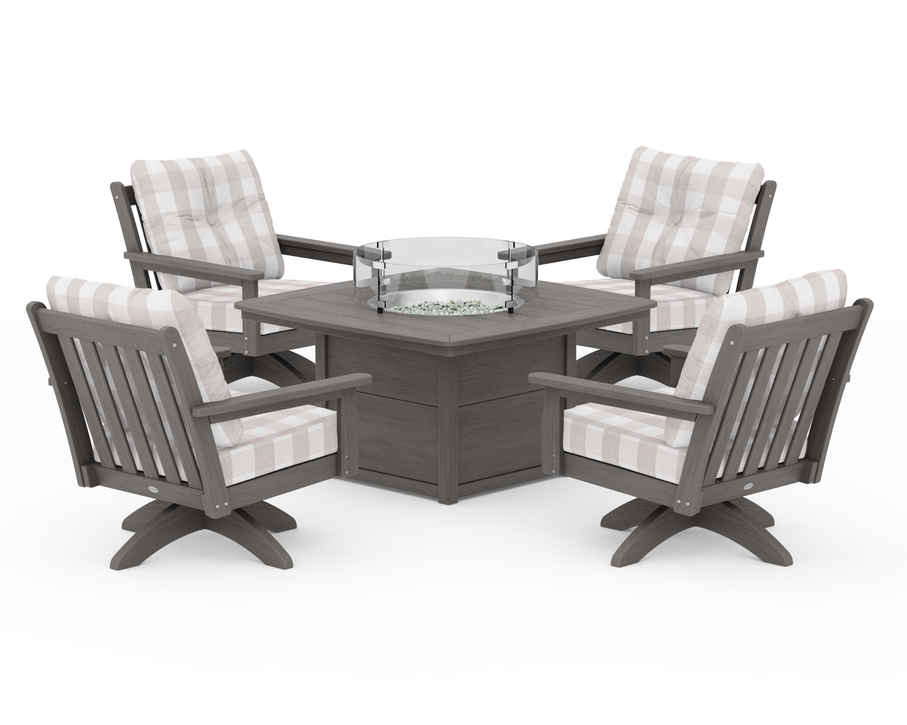Vineyard 5-Piece Deep Seating Swivel Conversation Set with Fire Pit Table in Driftwood / Buffalo Plaid Dune Burlap