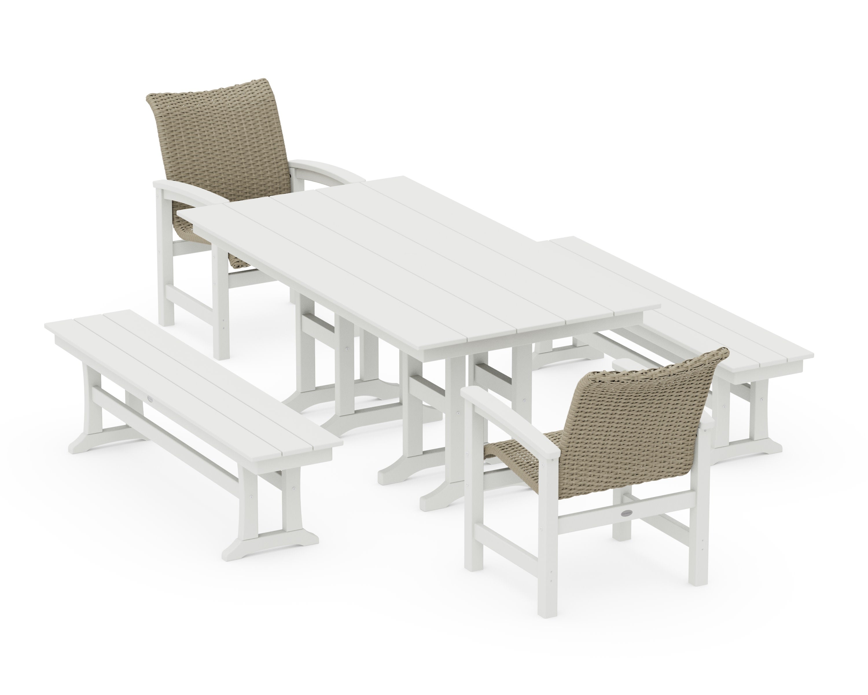 Coastal Woven 5-Piece Farmhouse Dining Set with Benches in White / Dune Grass