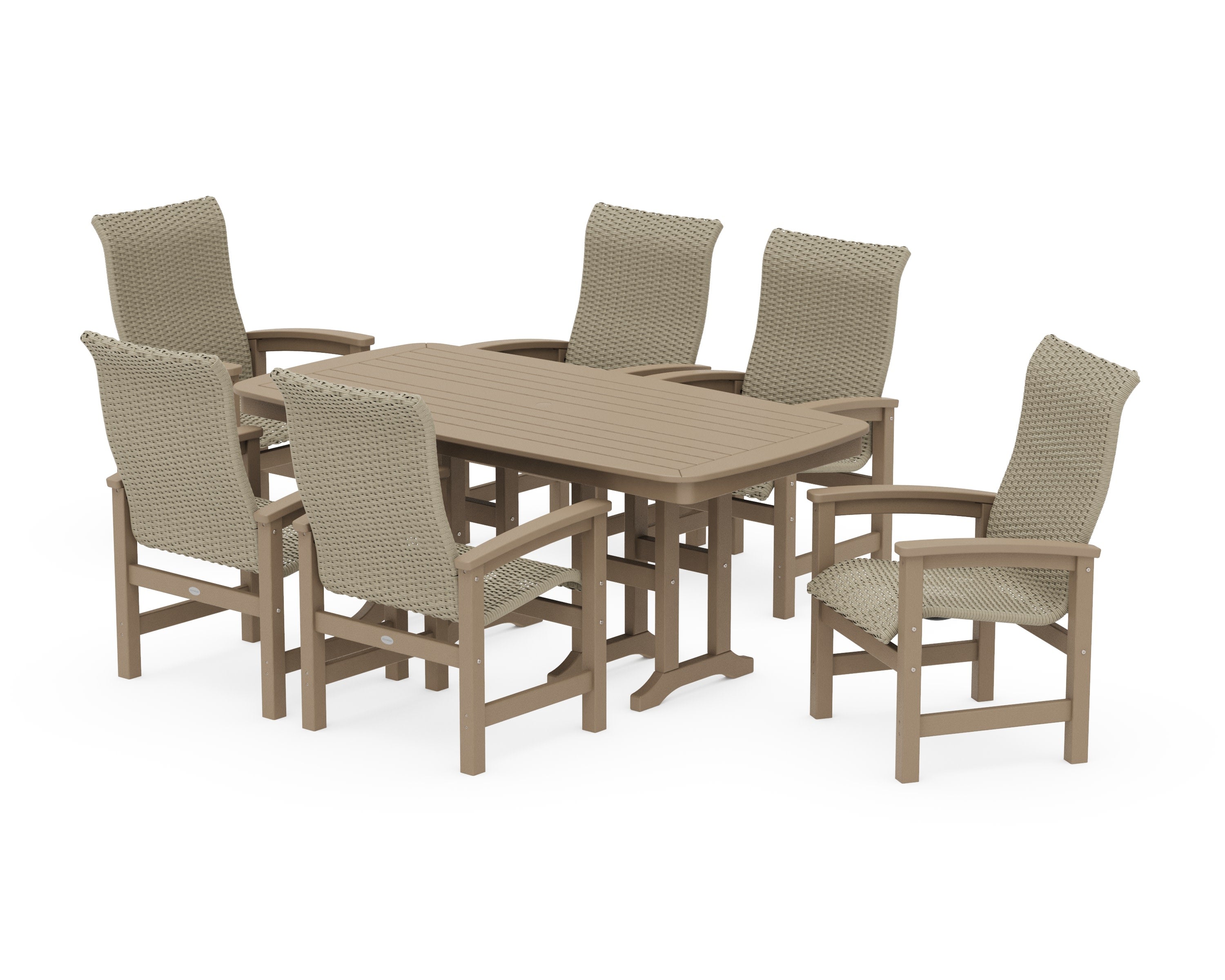 Coastal Woven High-Back Arm Chair 7-Piece Dining Set in Vintage Sahara / Dune Grass