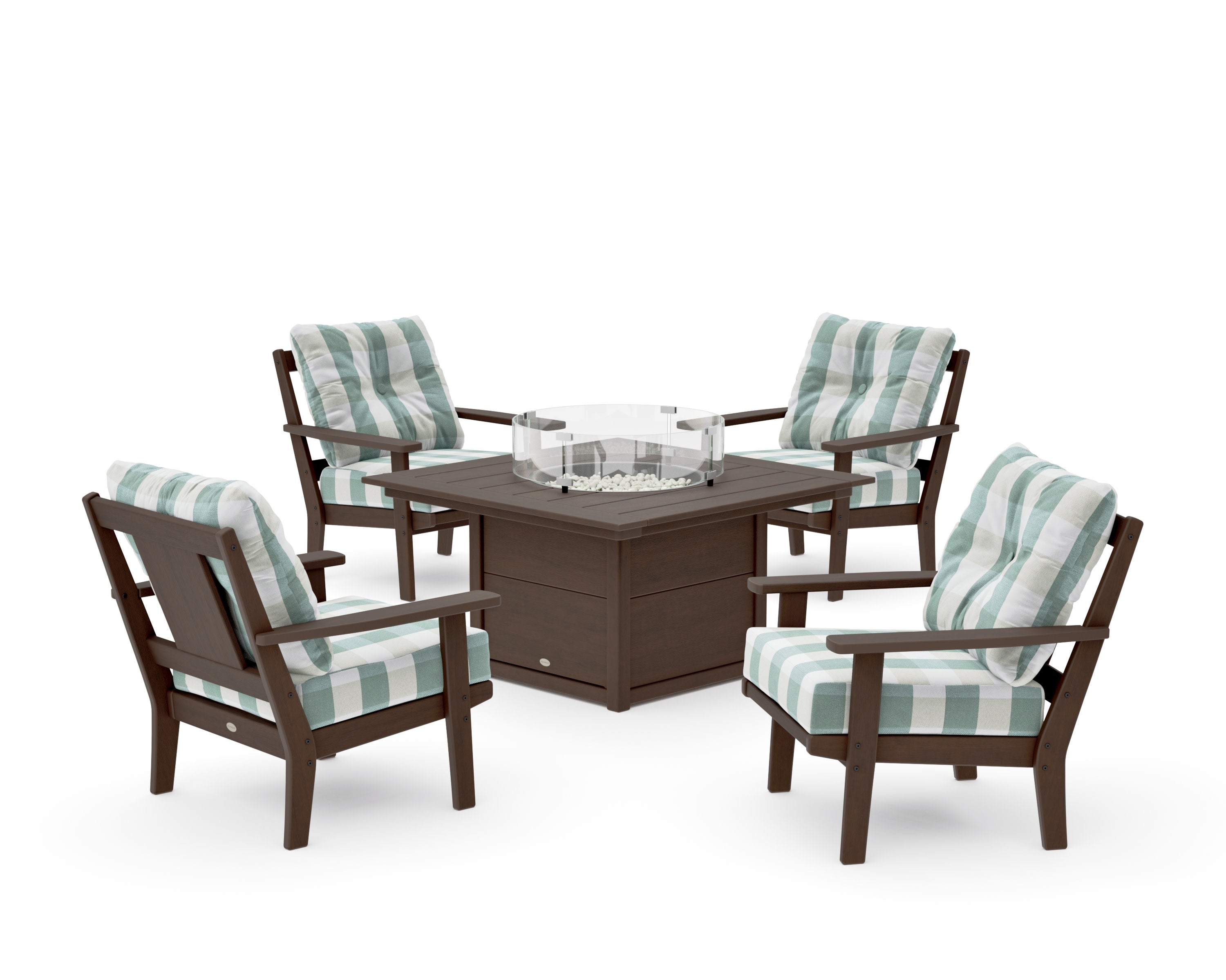 Prairie 5-Piece Deep Seating Set with Fire Pit Table in Kona / Buffalo Plaid Glacier Spa