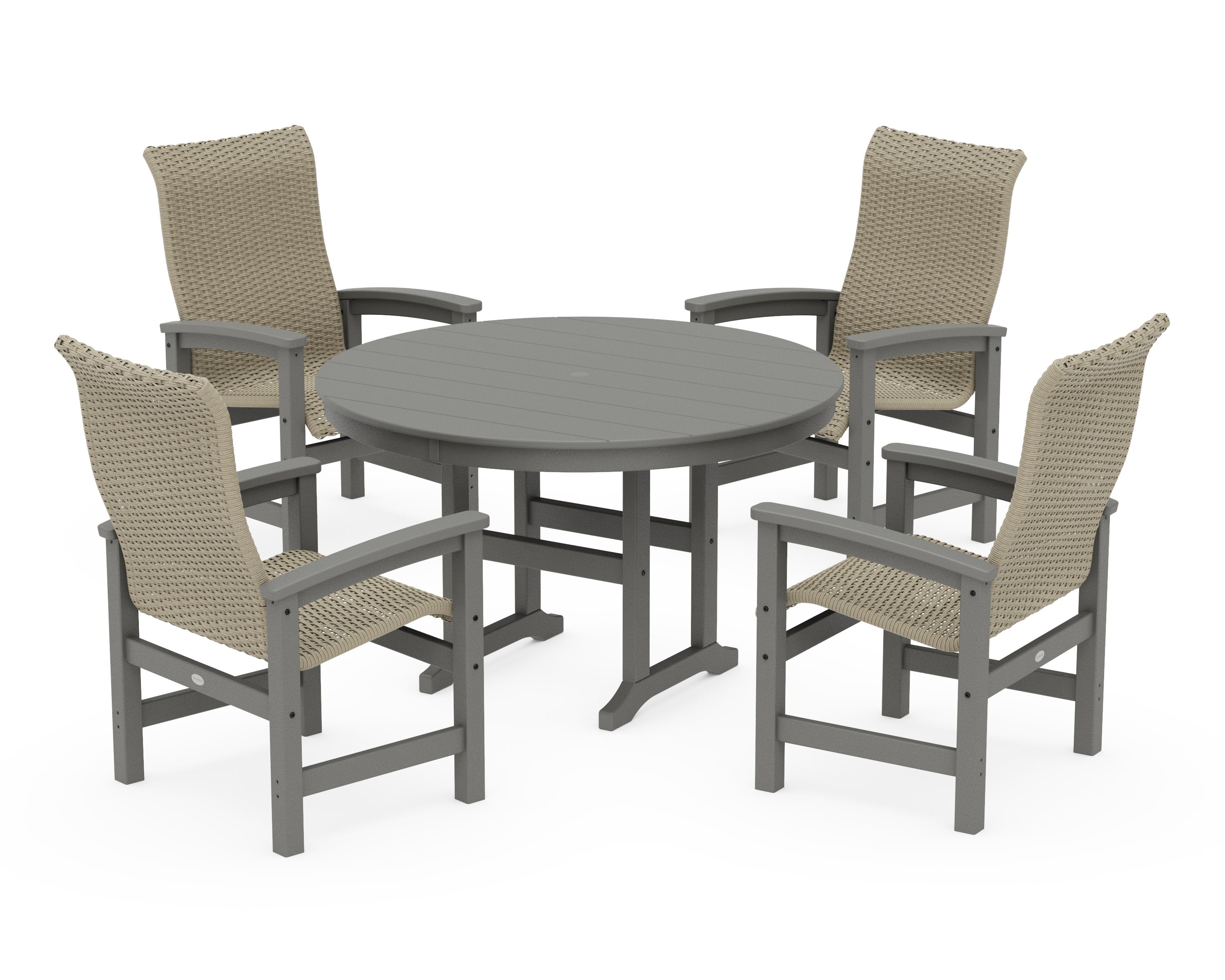 Coastal Woven High-Back 5-Piece Round Farmhouse Dining Set in Slate Grey / Dune Grass