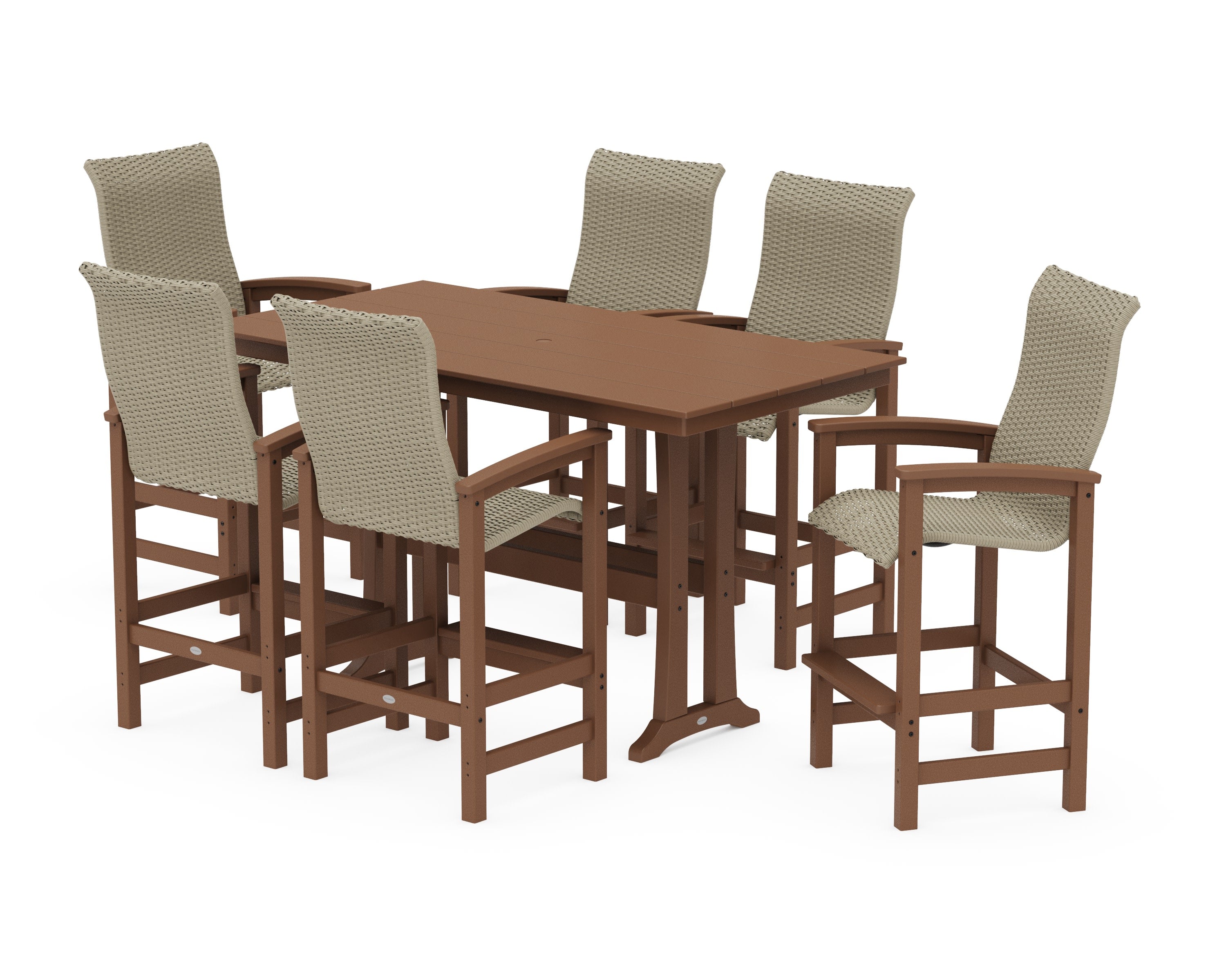 Coastal Woven High-Back Arm Chair 7-Piece Farmhouse Bar Set with Trestle Legs in Teak / Dune Grass